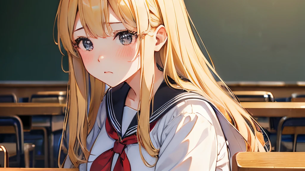 Being in the classroom,masterpiece,Top image quality,hight resolution,Mabayashi Kitagawa,,Beautiful fece,blonde hair,long hair down to the back,summer sailor uniform,jewely,耳环,red tie、Plaid skirt、close up of face、girl with、black eyes、Tsurime girl,Sad face