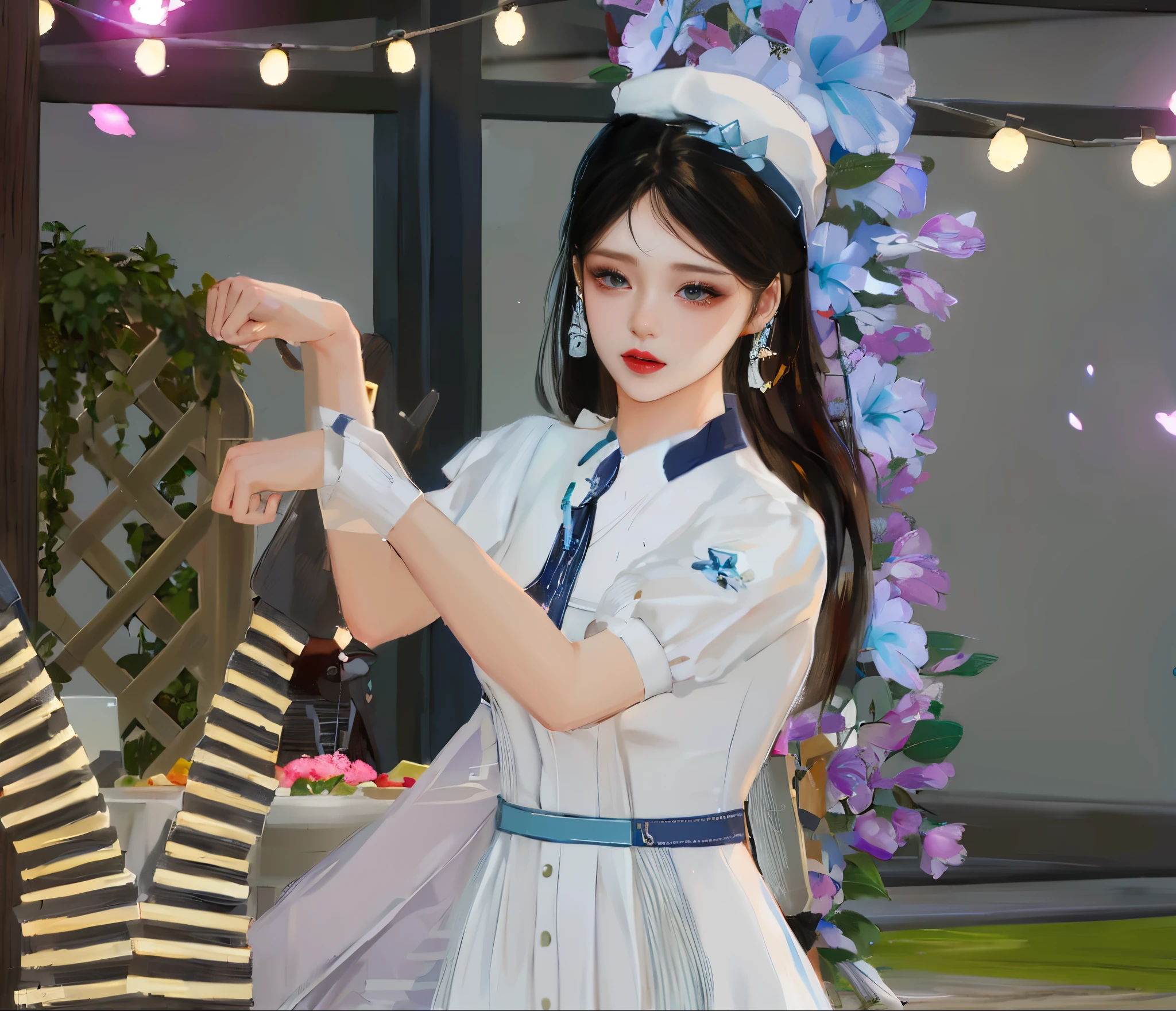 there is a woman in a white dress and a blue and white dress, inspired by Sim Sa-jeong, full body xianxia, inspired by Pu Hua, fashion gameplay screenshot, trending at cgstation, trending on cgstation, maid outfit, 8 k character details, azur lane style, natural foto