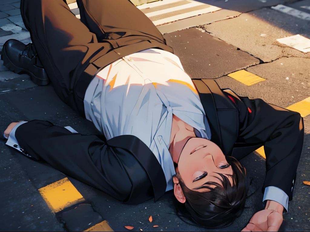 of a guy,Cover your face,lies on the ground,street