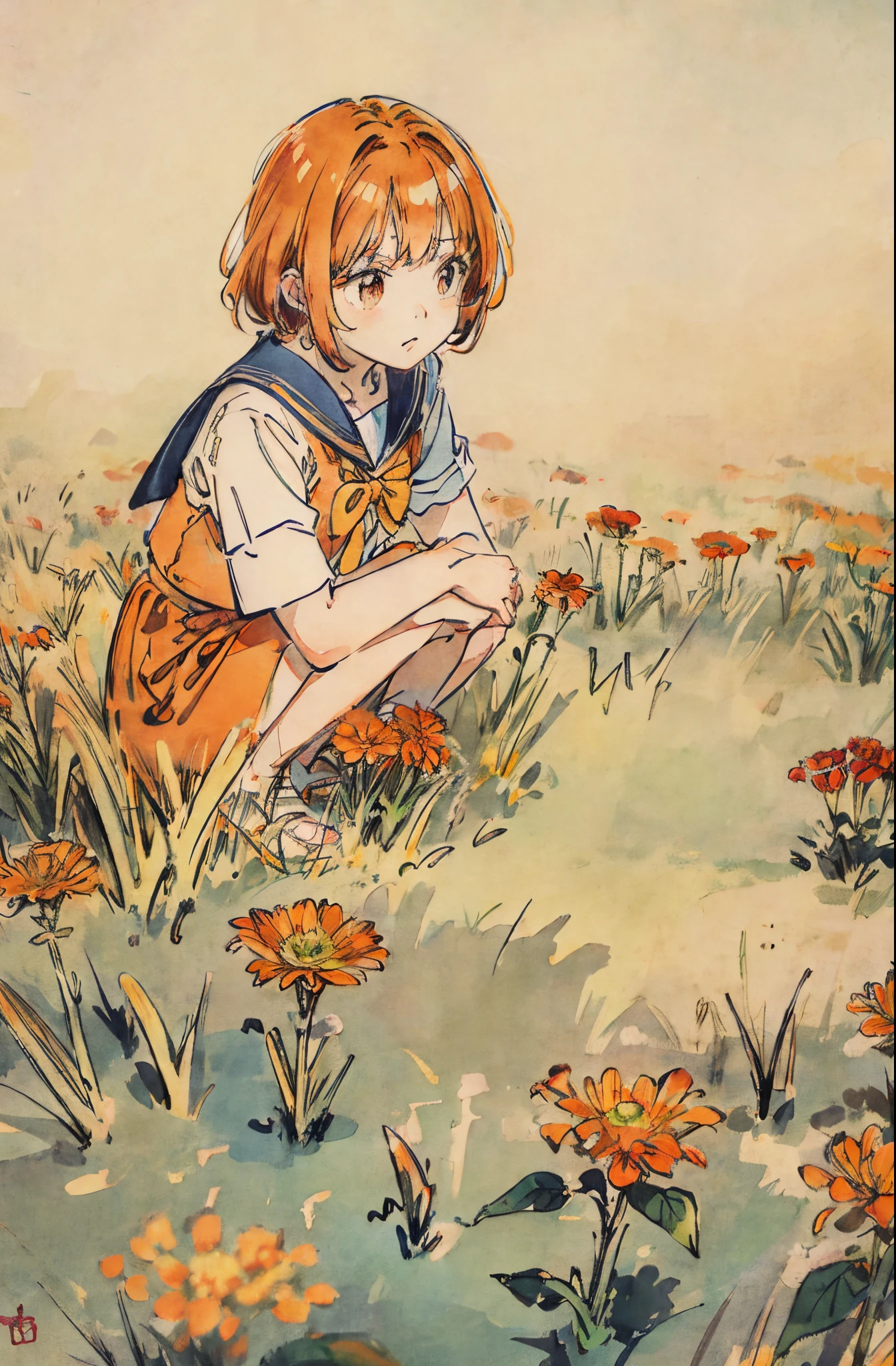 orange flower、orange color hair、a sailor suit、flower field、crouching down、Admire the flowers