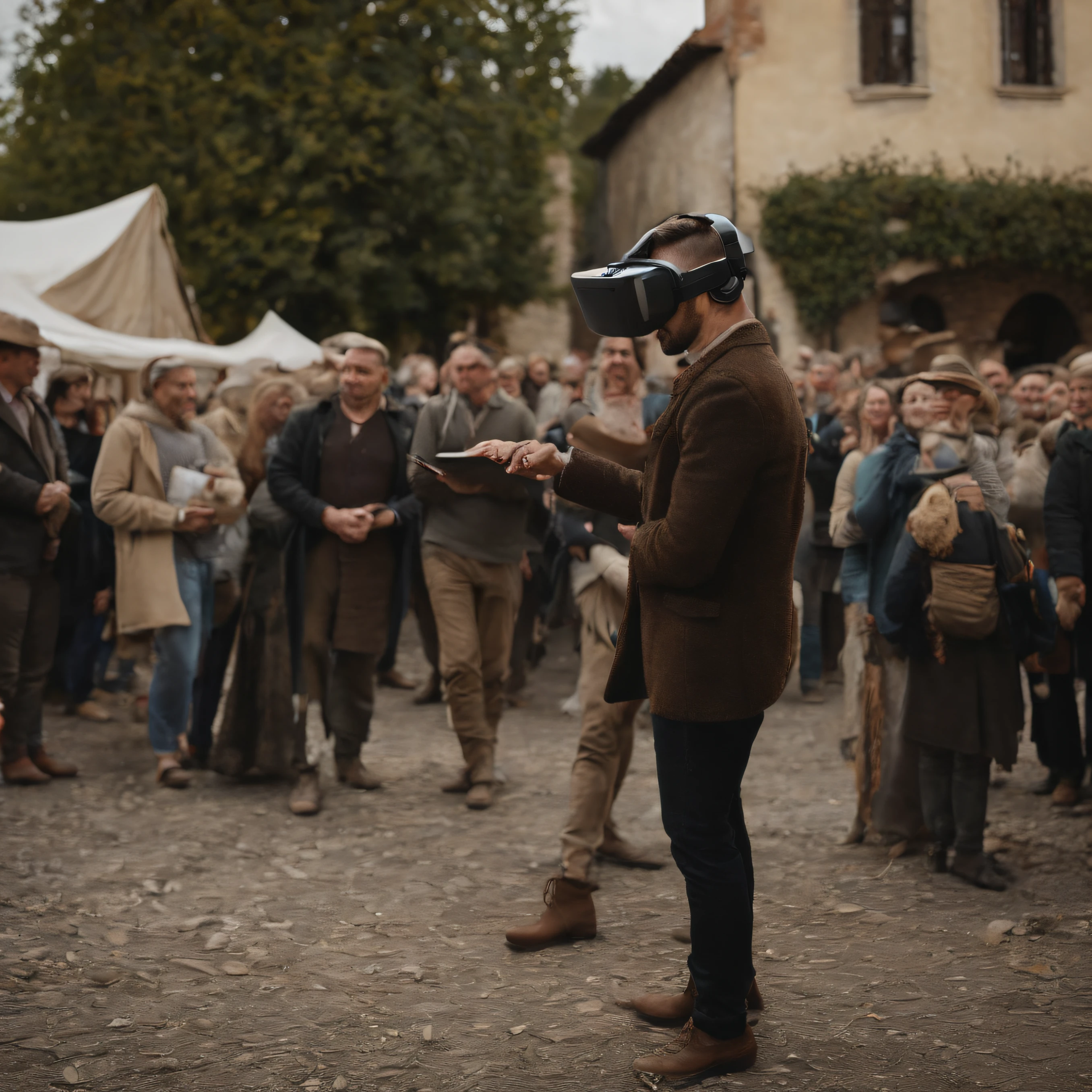 best composition、masutepiece、In the crowd at a marche in medieval Europe、A man wearing a virtual reality hat operates a tablet