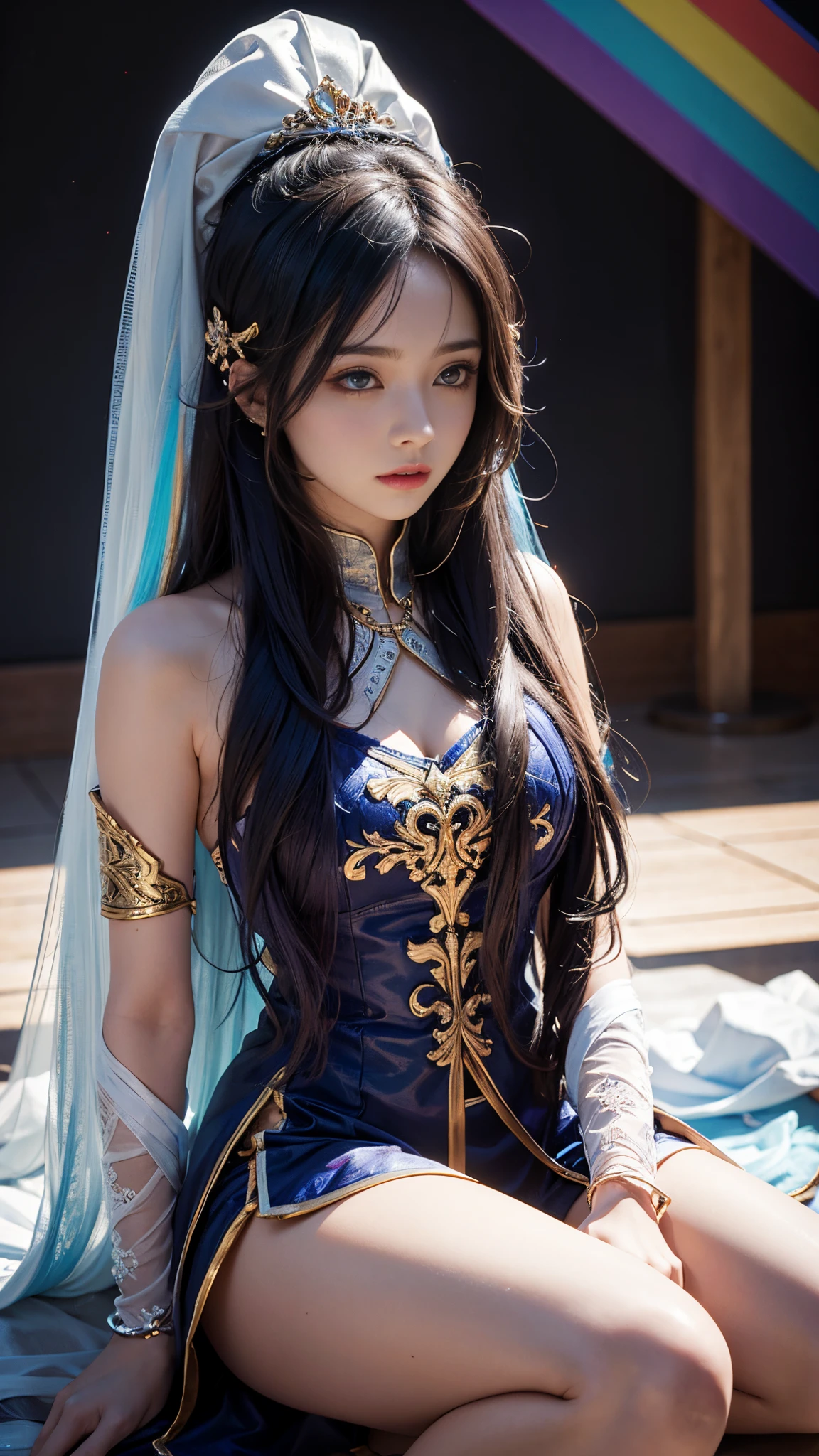 An Egyptian princess with an aquatic appearance, vestindo uma fantasia em tons de azul e verde, adorned with pearls and coral. Her black hair is long and loose, with seashells intertwined. She is standing on the bank of the Nile River, watching the water flow with grace and ease.