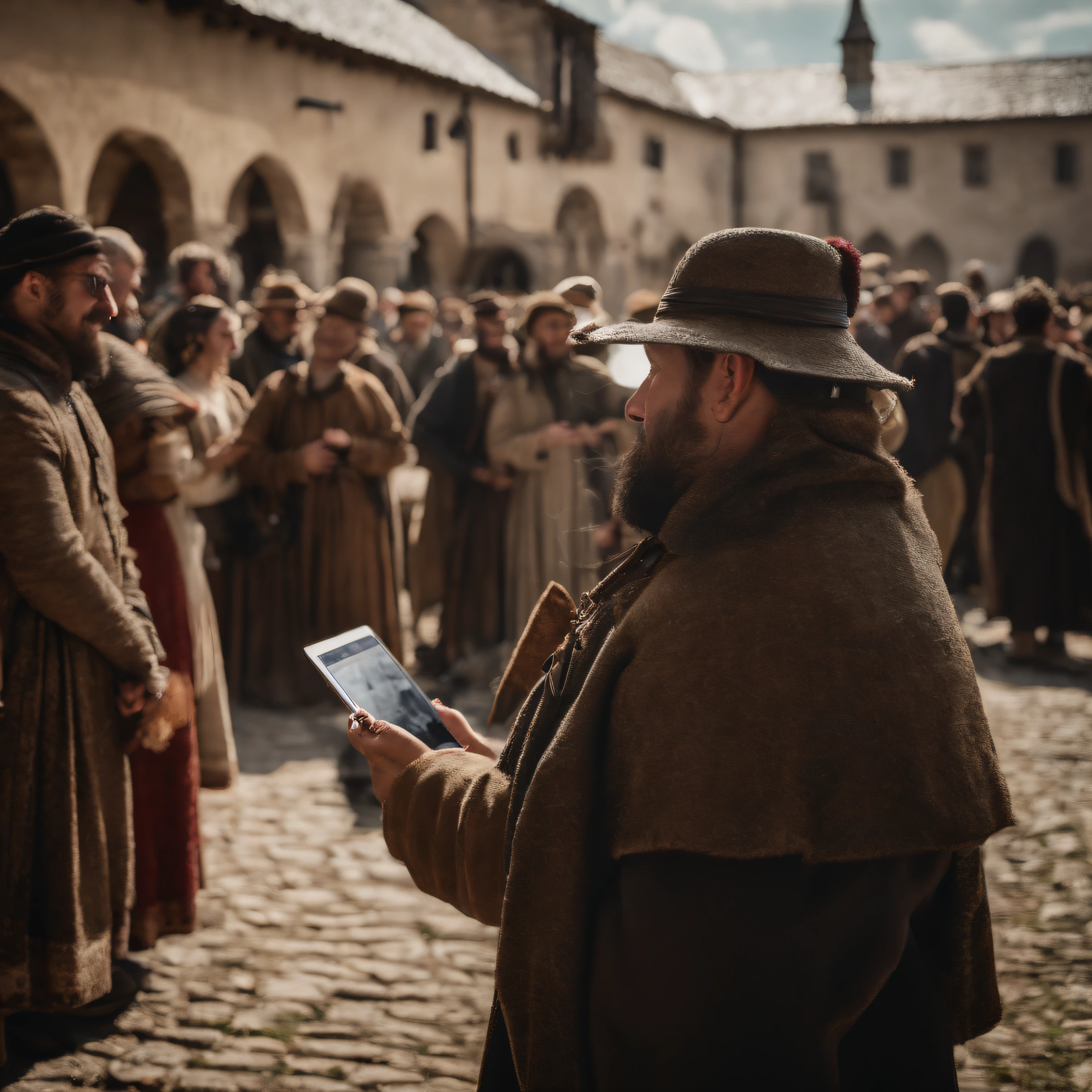 best composition、masutepiece、In the crowd at a marche in medieval Europe、A man wearing a virtual reality hat operates a tablet