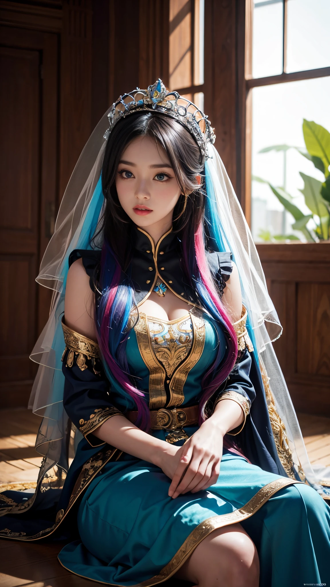 model shoot, (1 girl), long hair, rainbow hair, Islamic warrior, rainbow outfit, laces, shining:1.5, hyper realistic, super detailed, Dynamic shot, masterpiece, scene sharp détails, perfect eyes, perfect skin, perfect hands, sitting,
