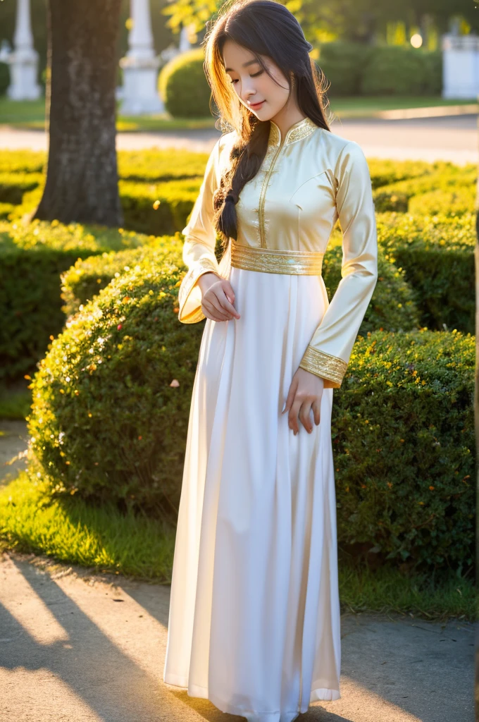 asian girl, vietnam, vietnamese, golden ao dai, traditional clothes, satin, pretty girl, emotion , long hair, Realistic lighting, delicate face, big double eyelids, Sexy expression, Body perfect anatomy,Top Quality, 8K Resolution , full body , realistic , real human , High quality, shiny ao dai , realistic , Cinematic, Aesthetic , satin aodai, young girl