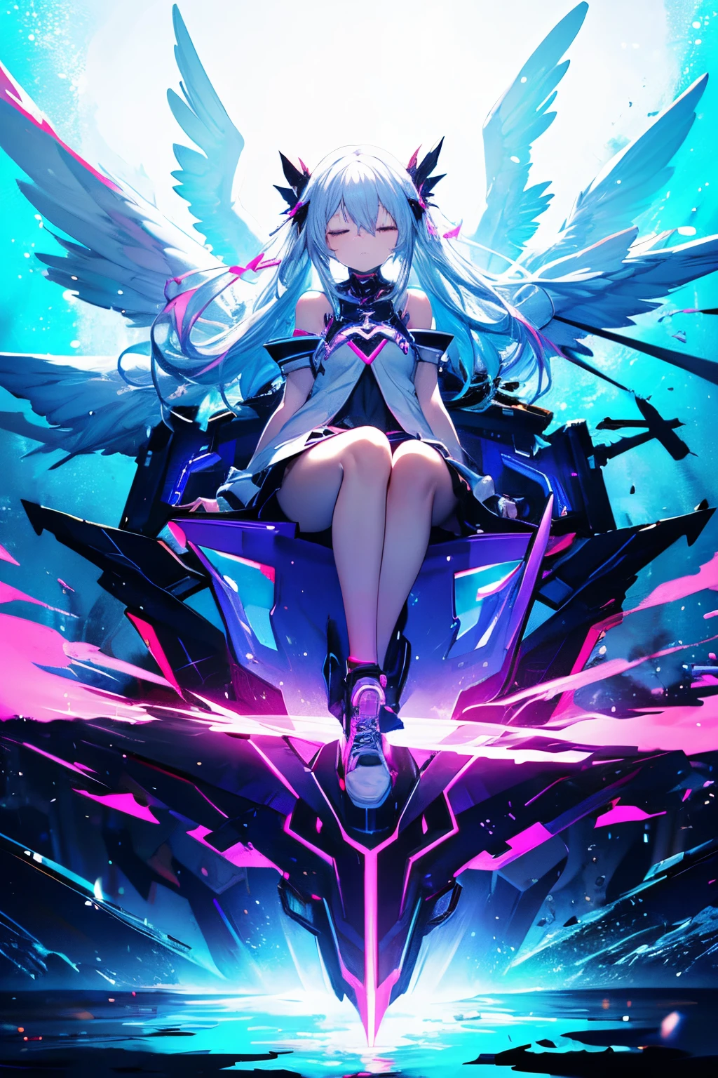 tiny girl with long white hair, eyes closed, slim, harmless, big black big sixed angel wings, sit pose, bad ass,glowing clotheest quality, serious,Neon pink and blue Light, neon style