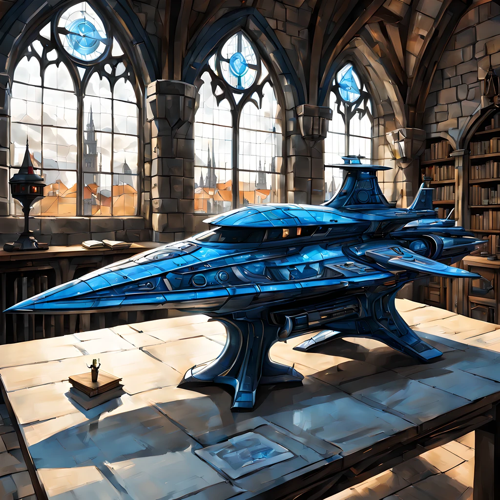 (cute cartoon style:1.3), (side view:1.3), ((blue print of the futuristic ship with a sleek design)) (on a medieval table), sword, gothic castle room, stained glass, books, More Detail