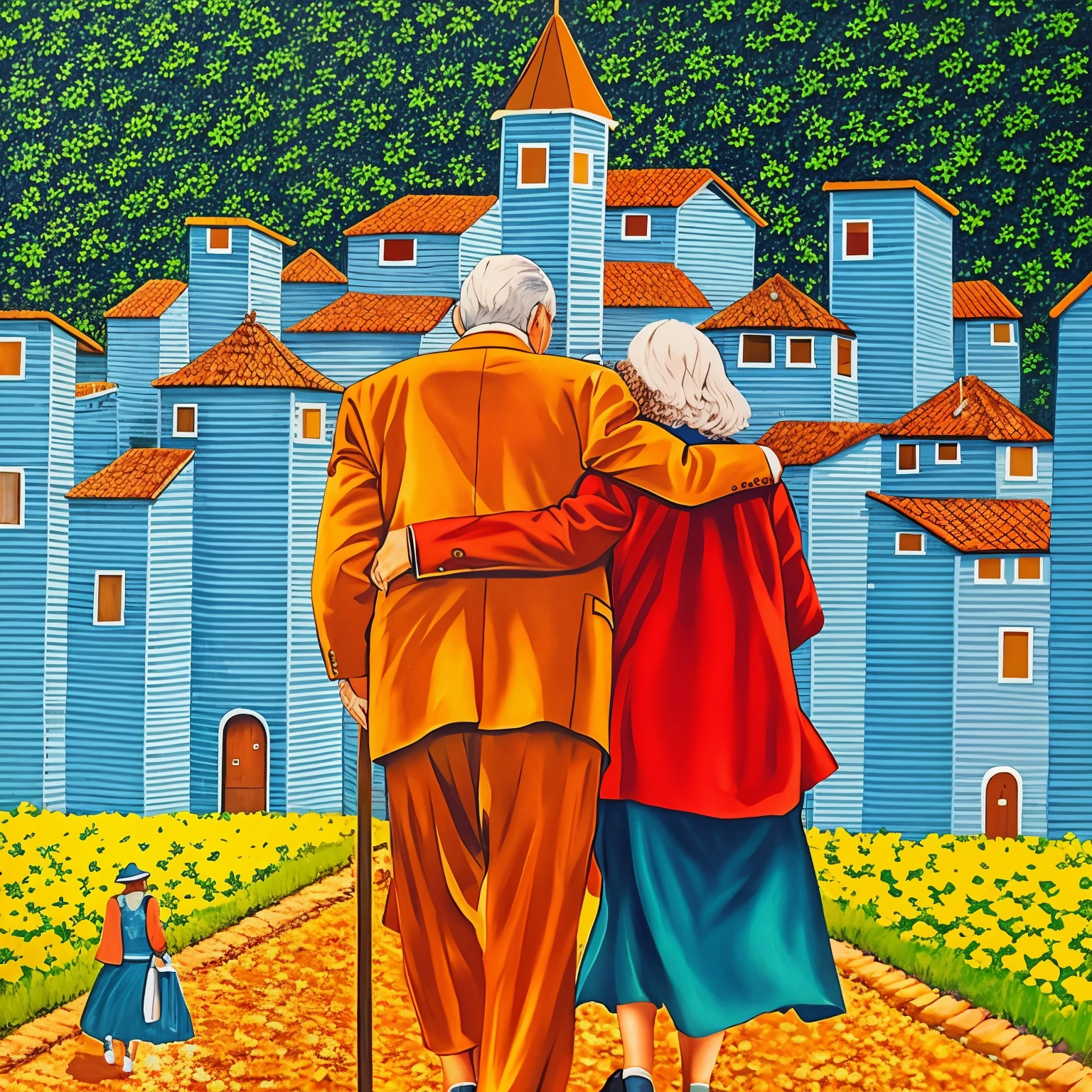 painting of an elderly couple walking along a path with a blue building in the background, Directed by: Bernardo Daddi, Directed by: Alexander Bihari, Directed by: Andrzej Pronaszko, caminhando juntos, inspirado em Hans Eduard von Berlepsch-Valendas, Directed by: Alexander Bortnik, Directed by: Mario Comensoli