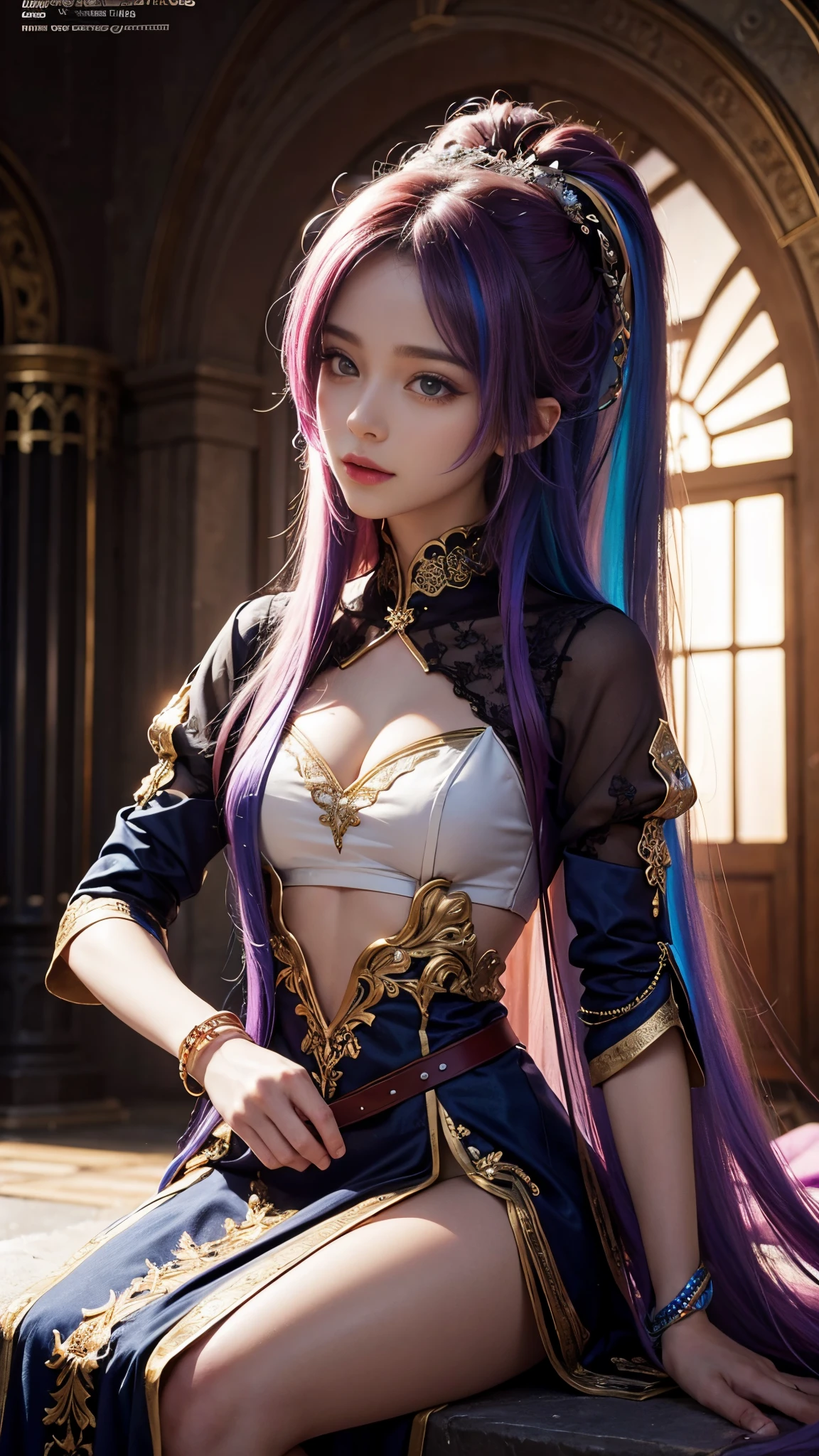model shoot, (1 girl), long hair, rainbow hair, Islamic warrior, rainbow outfit, laces, shining:1.5, hyper realistic, super detailed, Dynamic shot, masterpiece, scene sharp détails, perfect eyes, perfect skin, perfect hands, sitting,