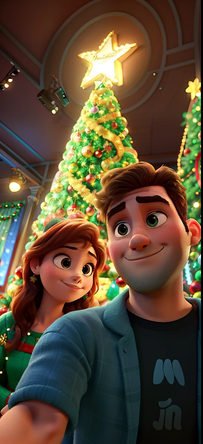 Disney Pixar style image with a man and a woman taking a selfie in front of a Christmas tree, a noite, With a tree in the background and flashing lights, holiday season, casal feliz