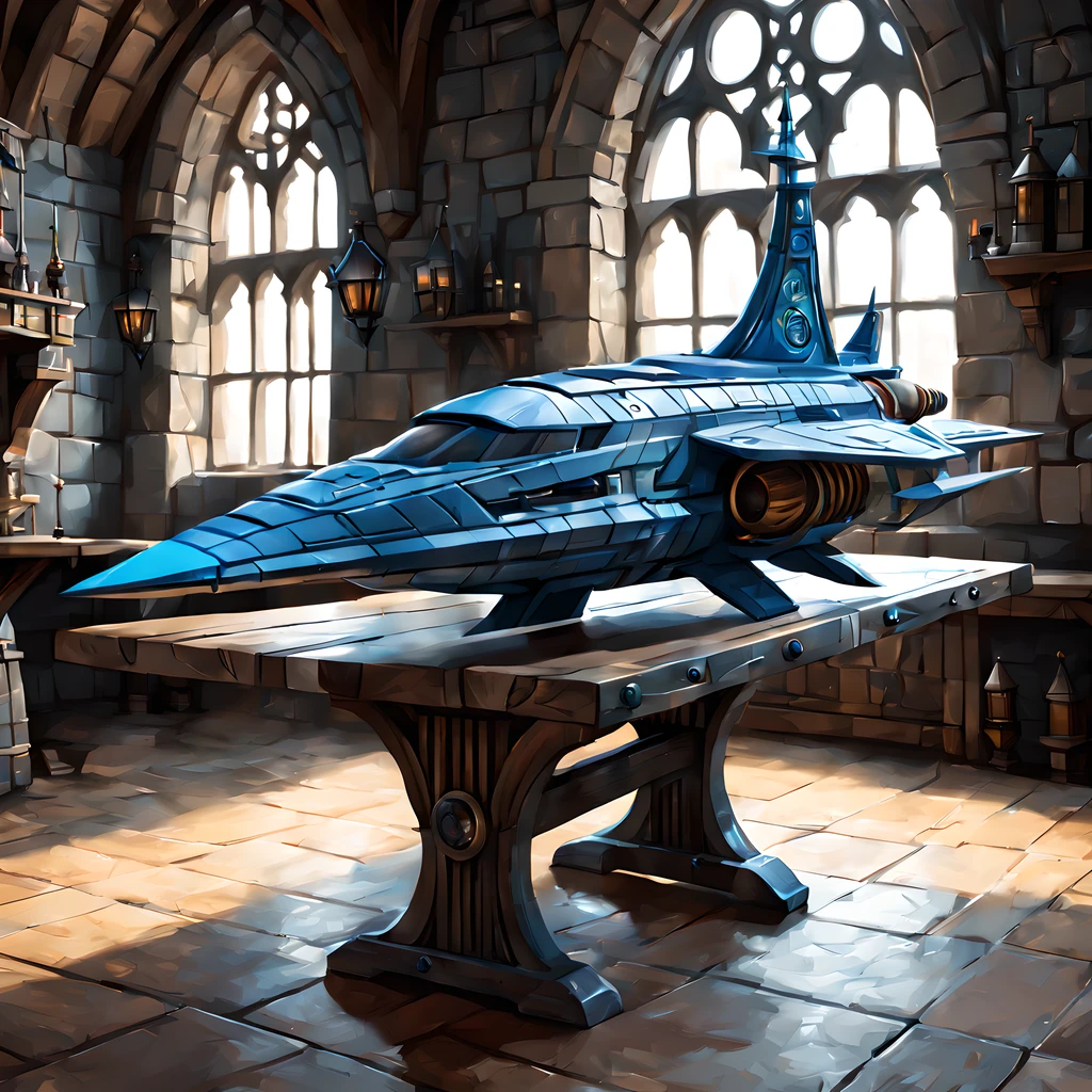 (cute cartoon style:1.3), (side view:1.3), ((blue print of the futuristic ship)) (on a medieval table), sword, medieval castle room, gloomy, More Detail