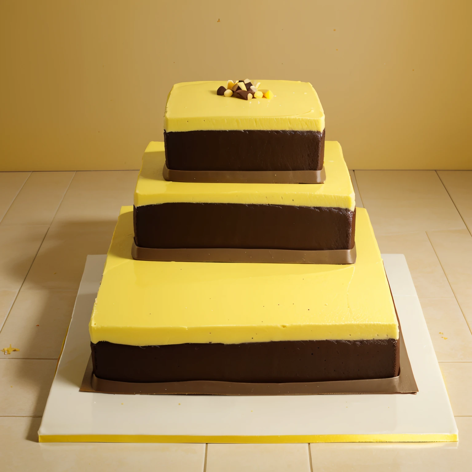 Rectangular cake with half yellow colour and half chocolate colour diagonally.