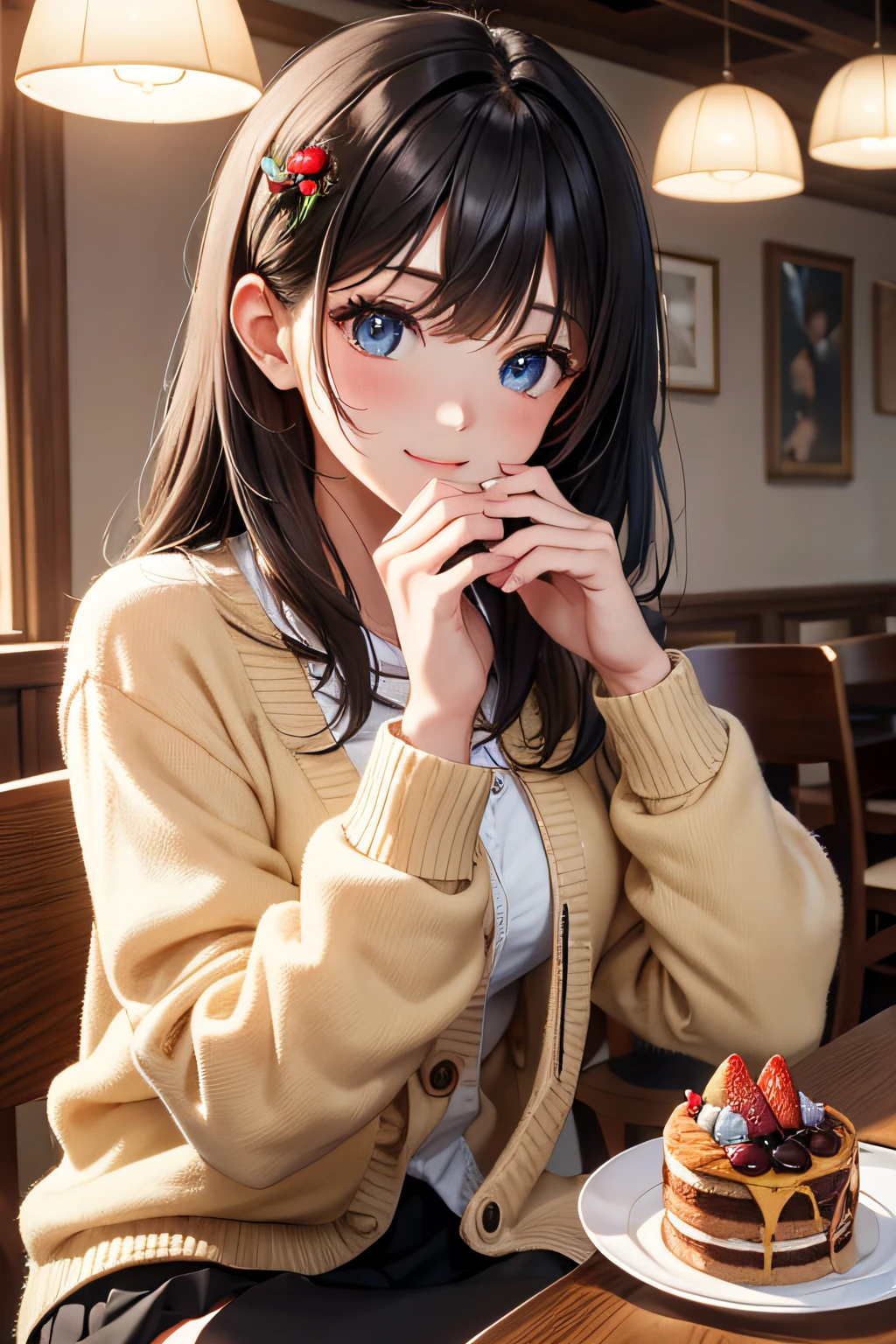Very cute and beautiful girl sitting on a chair in a cafe restaurant,(very detailed美しい顔と目:1.2),
white blouse,smile,(beige cardigan:1.2) BREAK dynamic angle,hair ornaments,black hair,black pleated mini skirt,
wooden table,(cup of tea),(perfect strawberry),some people at a distant table々,Depth of the bounds written,
(highest quality,masterpiece:1.2),(intricate details:1.2),High resolution,very detailed,super detailed,cinematic lighting,