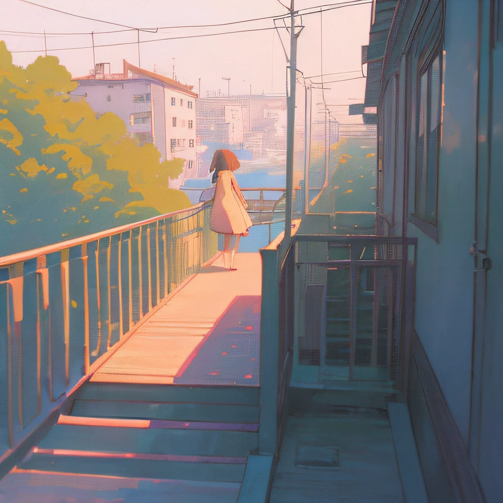 a person on a bridge looking at the distance, far away view (((lofi aesthetic))), lofi aesthetic scenario, lofi vibes, cozy, summer, lofi style, nostalgia ((Lo-Fi artstyle))