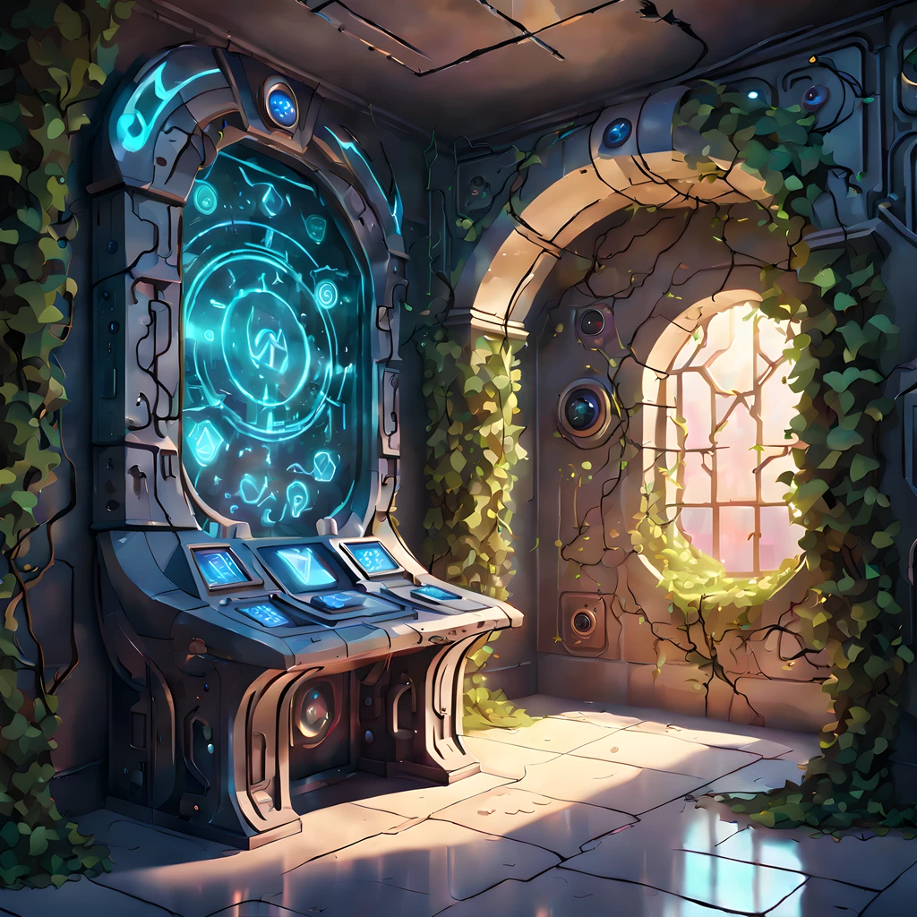 (cute cartoon style:1.3), ((holographic runes floating near the wall covered with vines)), futuristic artifacts, ((ethereal)), ((inside a mysterious ancient castle room)), (((futuristic control panel with buttons))), More Detail