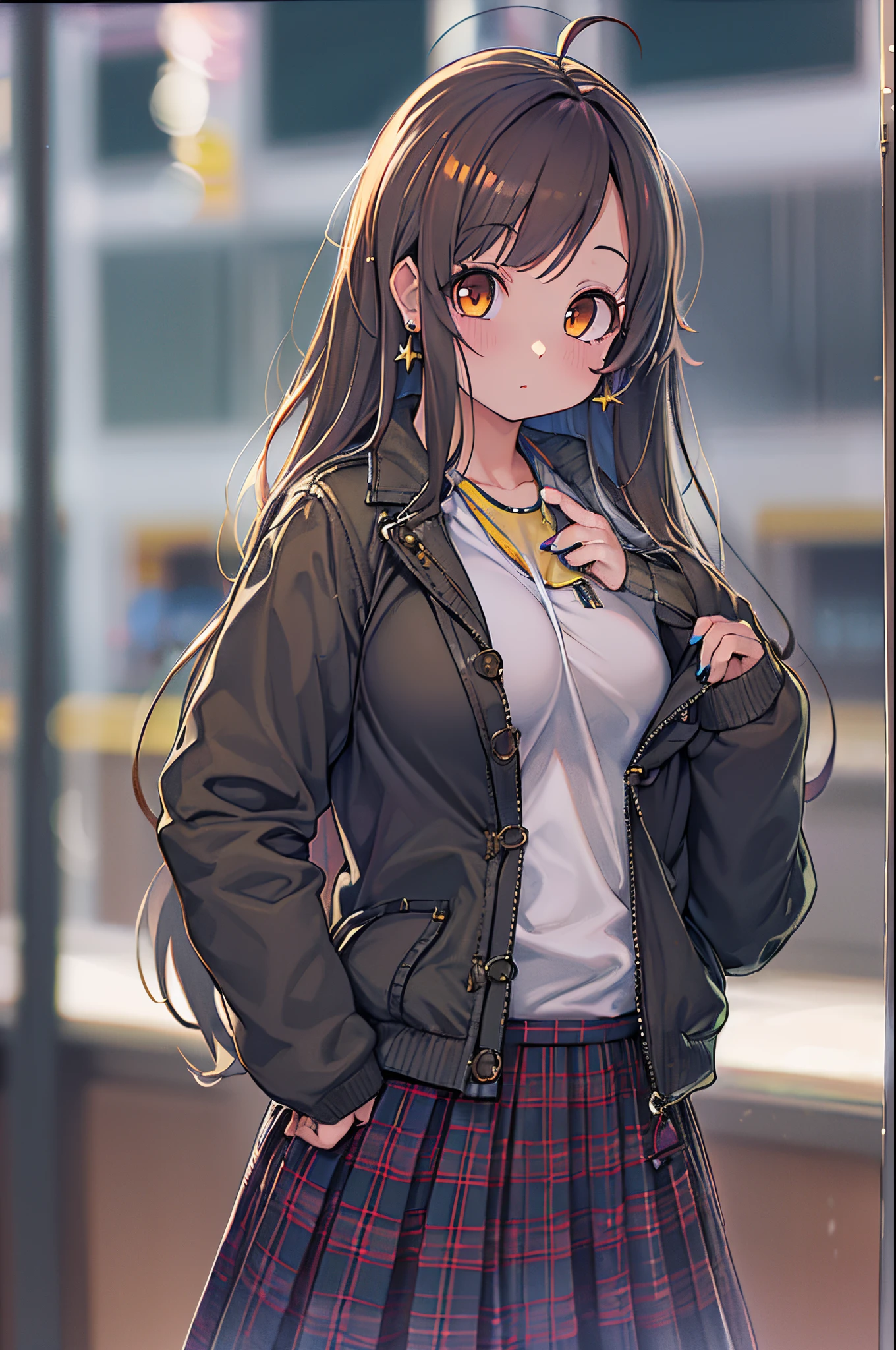Lorua,, , 1girl in, Ahoge, Bangs, Black skirt, Black sweater, Blue Nails, Blurry, Blurry background, breasts, Brown eyes, Brown hair, Brown jacket, Closed mouth, fixed, day, depth of fields, earrings, Eyelashes, Hand up, Head tilt, Jacket, Jewelry, Long hair, Long sleeves, Looking at Viewer, medium breasts, nail polish, Open your clothes, Open jacket, Outdoors, puckered lips, shirt tucked in, side locks, Skirt, sleeves past wrists, Solo, Sweaters, Upper body, zippers, , , ((masutepiece)), ,
