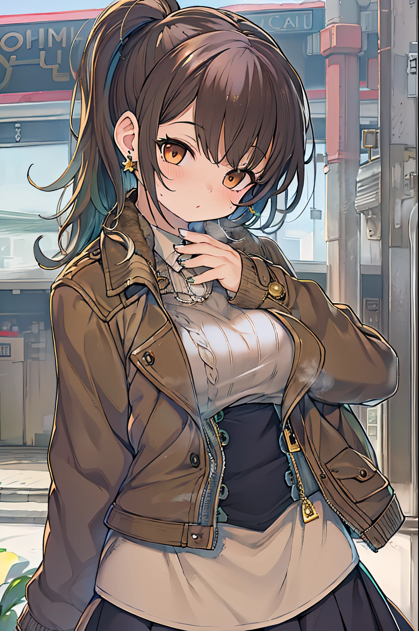Lorua,, , 1girl in, Ahoge, Bangs, Black skirt, Black sweater, Blue Nails, Blurry, Blurry background, breasts, Brown eyes, Brown hair, Brown jacket, Closed mouth, fixed, day, depth of fields, earrings, Eyelashes, Hand up, Head tilt, Jacket, Jewelry, Long hair, Long sleeves, Looking at Viewer, medium breasts, nail polish, Open your clothes, Open jacket, Outdoors, puckered lips, shirt tucked in, side locks, Skirt, sleeves past wrists, Solo, Sweaters, Upper body, zippers, , , ((masutepiece)), ,
