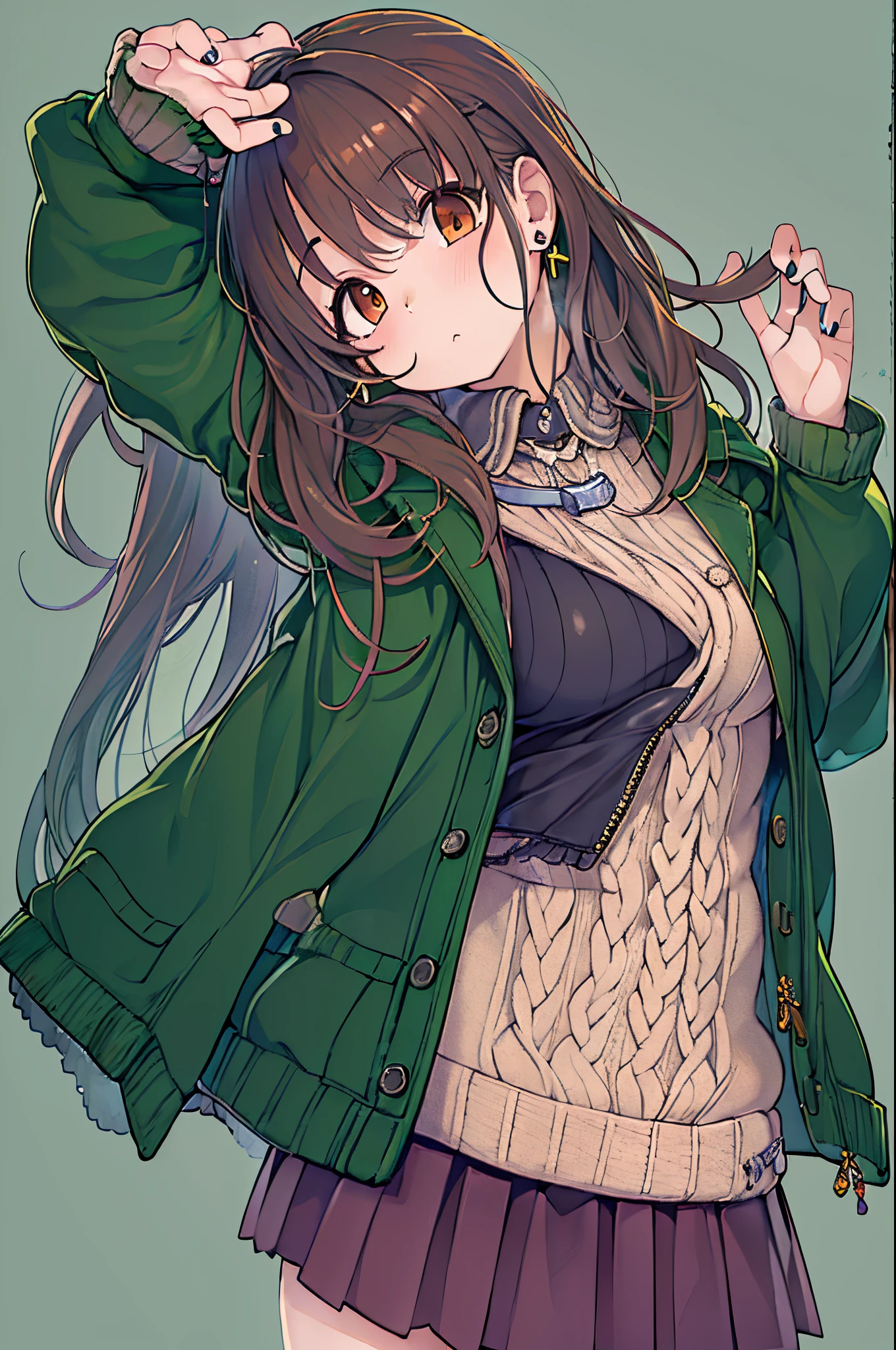 Lorua,, , 1girl in, Ahoge, Bangs, Black skirt, Black sweater, Blue Nails, Blurry, Blurry background, breasts, Brown eyes, Brown hair, Brown jacket, Closed mouth, fixed, day, depth of fields, earrings, Eyelashes, Hand up, Head tilt, Jacket, Jewelry, Long hair, Long sleeves, Looking at Viewer, medium breasts, nail polish, Open your clothes, Open jacket, Outdoors, puckered lips, shirt tucked in, side locks, Skirt, sleeves past wrists, Solo, Sweaters, Upper body, zippers, , , ((masutepiece)), ,