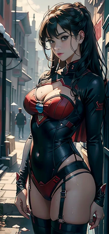 Last girl standing in end of the world, vampire Apocalypse, ((black hair, red highlights)), glowing blue eyes, huge perfect breast,, blood splatter, vampire walking around, red outfit, stocking, tight fix