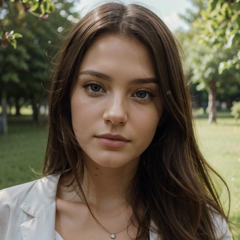 jolie photo, une belle femme brune de 18 ans, Yeux verts naturels, brune, queue de cheval cheveux longs,  BREAK face focus straight face like identity photos, PAUSE only the face is visible with a natural éclairage, photographed on Bolex H16, (Masterpiece, Best quality, Embauche, High resolution:1. 2, 4K, 8k , High quality), Extremely detailed, Realstic, Intricate details, high resolucion, natural light, regarder appareil photo iphone
