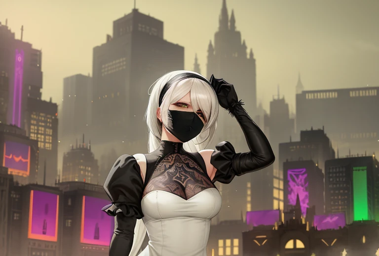 there is a woman in a white dress and a black mask, 2b, 2 b, evil princess of the wasteland, nier:automata inspired, nier : automata inspired, nier inspired, gravity rush inspired, noire moody scene, rococo cyberpunk, in front of a sci fi cityscape, with a city in the background, bleak apocalyptic style, heavy looking