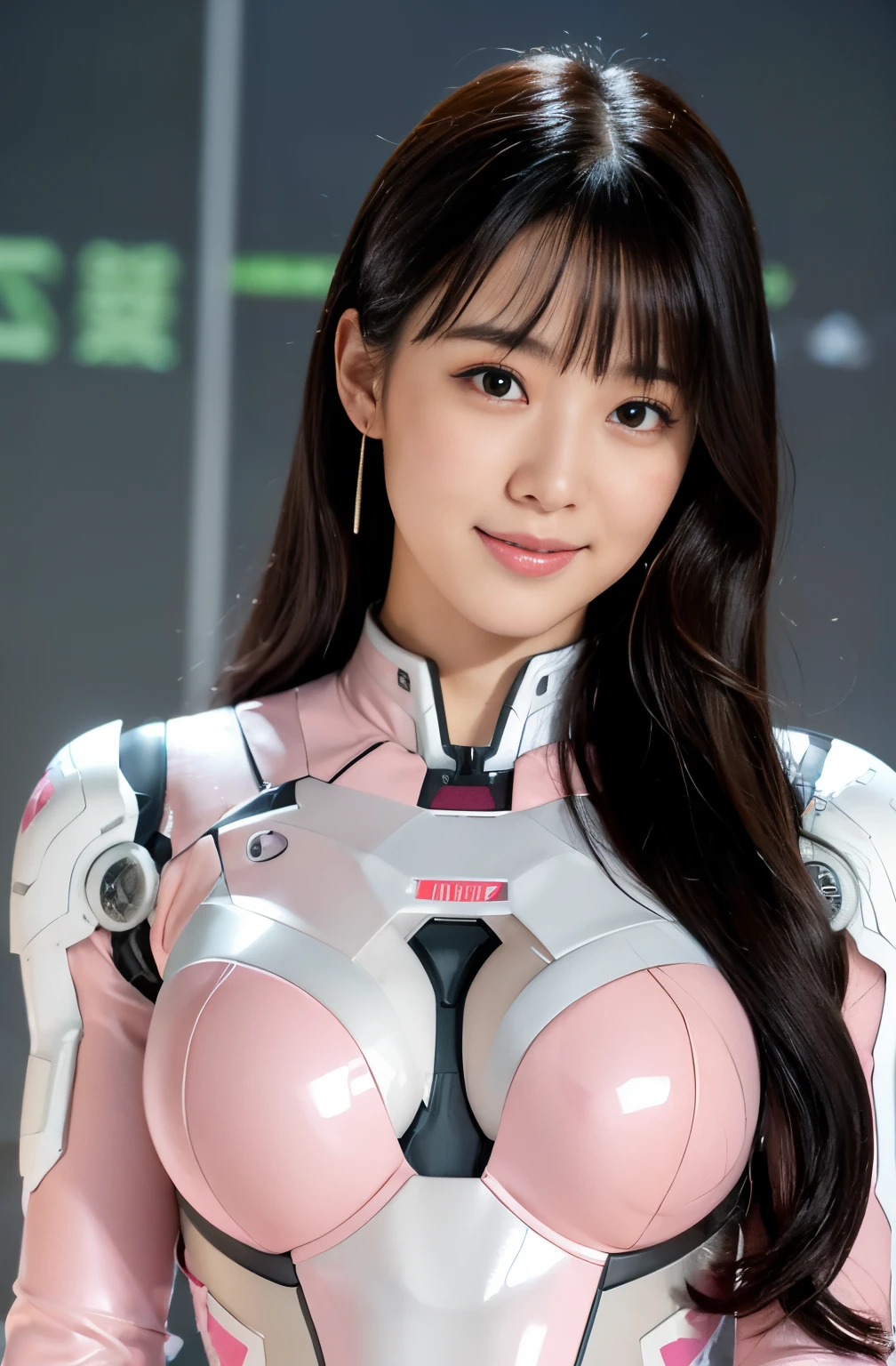 （ultra best quality、in 8K、masuter piece、delicate illustration、full body Esbian）,She wears a distressed pink and white Iron Man suit.、A beautiful and bewitching Japanese 25-year-old woman、Plump body、Curly black hair、A slight smil、battle field