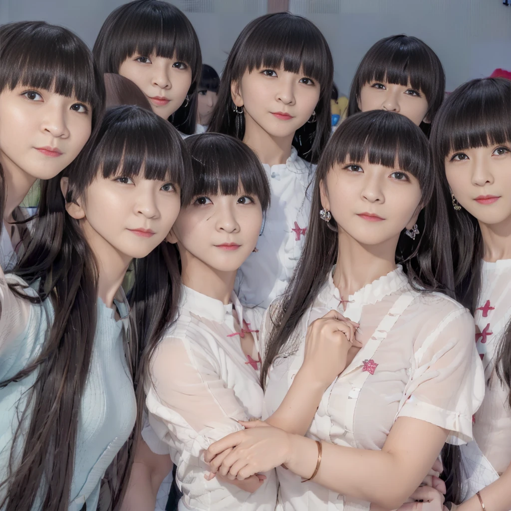 Raw photo、(((multiple girls))),((((6+girls)))),Women only、The same face、((matching school uniform))、************、((A dark-haired)),Longhaire、10 cute junior high school girls on lesbian dates、a smile、In the street、selfee、same person、a junior high school student