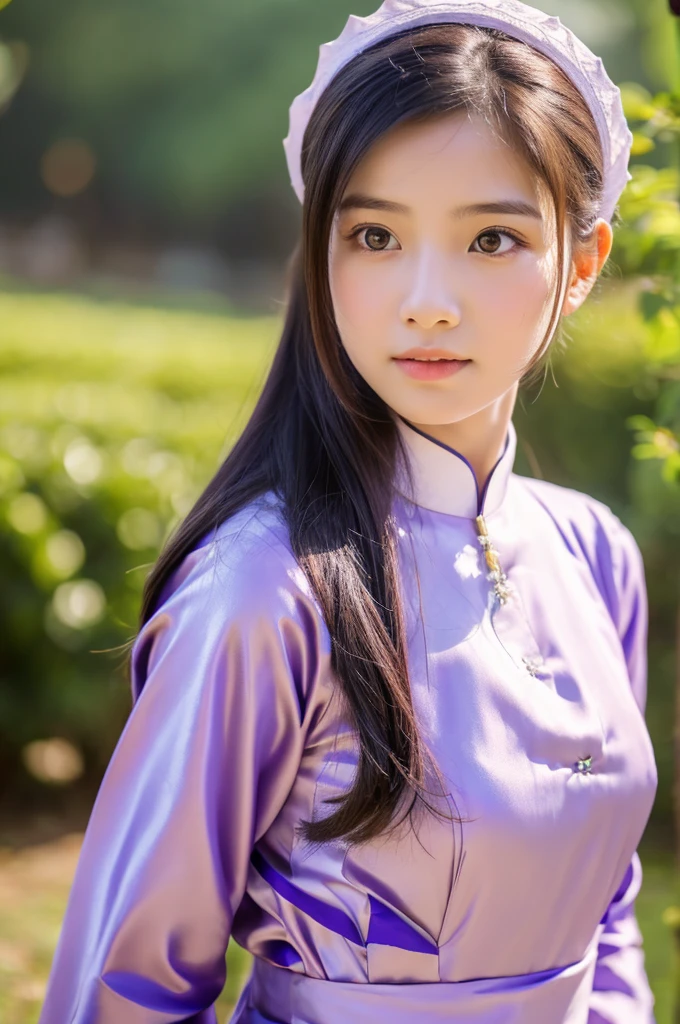 traditional clothes ,purple ao dai, ao dai, vietnamese girl, vietnam, vietnamese, satin, pretty girl, emotion , long hair, Realistic lighting, delicate face, cute expression, Body perfect anatomy,Top Quality, 8K Resolution , full body , realistic , real human , High quality, shiny ao dai  , realistic , Cinematic, Aesthetic , satin aodai,  girl, detailed and beautiful face and eyes,extremely cute and beautiful woman