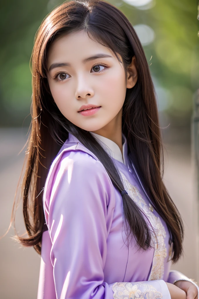 traditional clothes ,purple ao dai, ao dai, vietnamese girl, vietnam, vietnamese, satin, pretty girl, emotion , long hair, Realistic lighting, delicate face, cute expression, Body perfect anatomy,Top Quality, 8K Resolution , full body , realistic , real human , High quality, shiny ao dai , realistic , Cinematic, Aesthetic , satin aodai, 17 year old girl, detailed and beautiful face and eyes,extremely cute and beautiful woman
