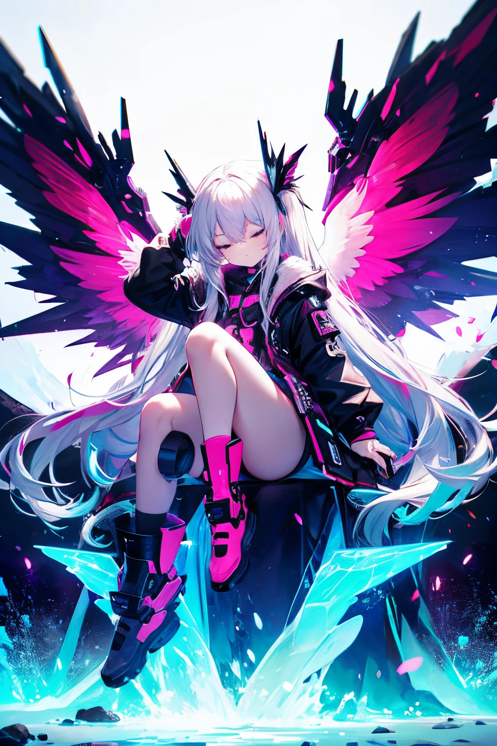 tiny girl with long white hair, eyes closed, slim, harmless, big black big sixed angel wings, sit pose, bad ass,glowing clotheest quality, serious,Neon pink and blue Light, neon style