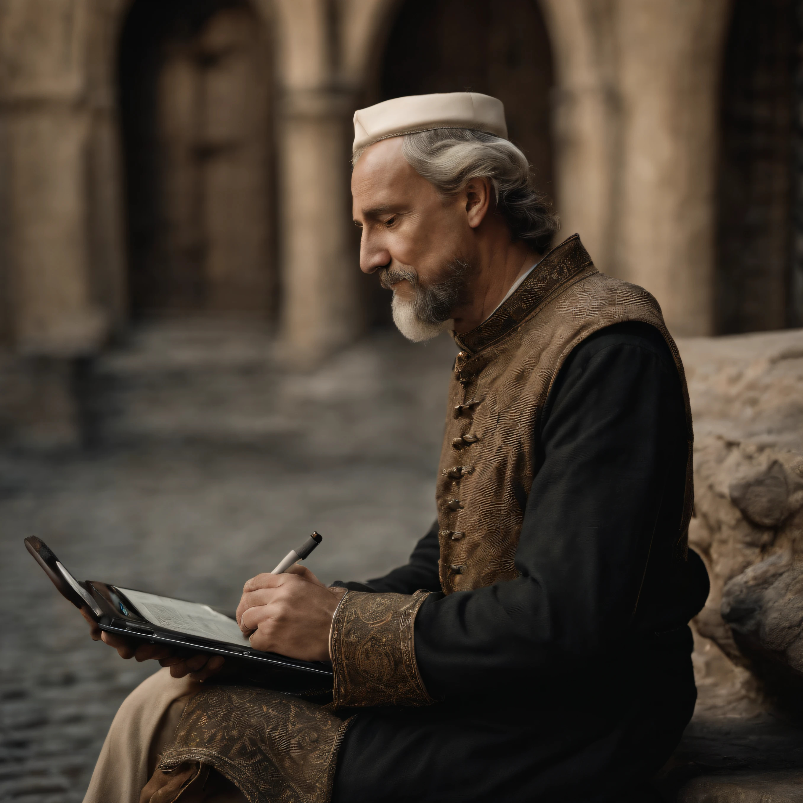 best composition、masutepiece、((i&#39;A man operates a tablet in the crowd at a medieval European marche. Using a projector, You can see the beautiful cobblestones.３A man displaying a dimensional map)):1.5