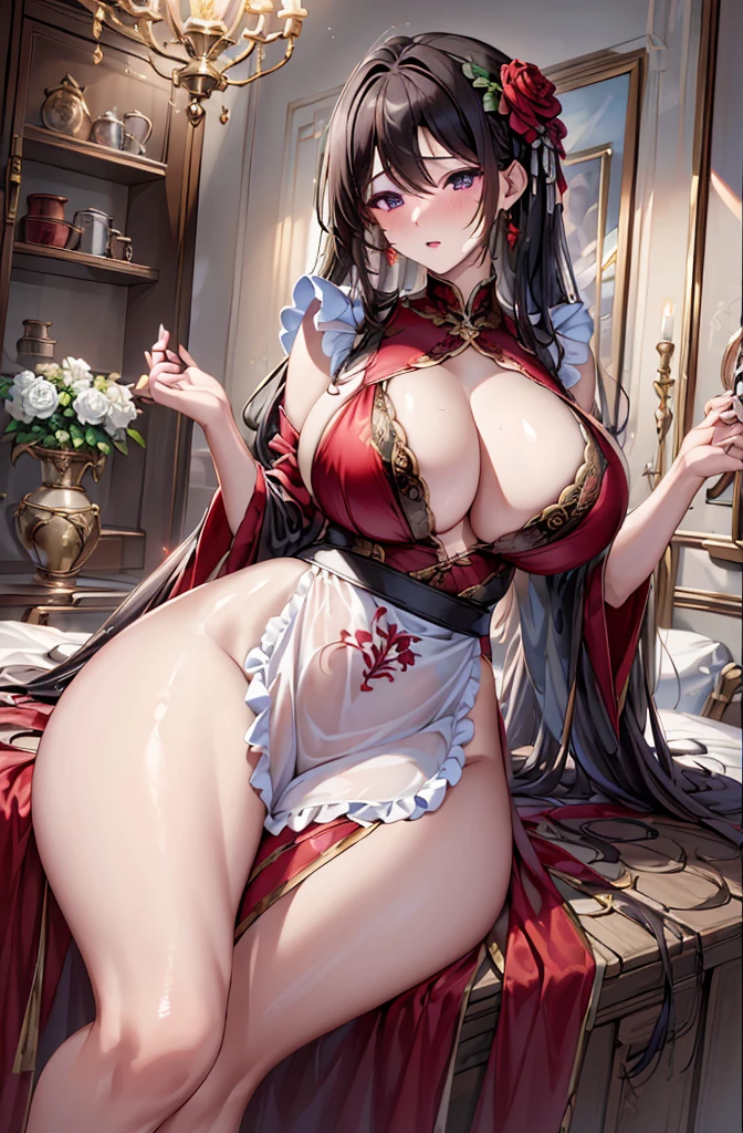 (​masterpiece:1.3), (top-quality:1.perfect  eyes, face perfect, volume illumination, １Mature Woman,See-through apron,  black brown hair color，red blush, perspiring,, Colossal tits，,squtting figure，I faced forward and spread my legs................， , Bedrooms，purple lingerie with white roses embroidered on it