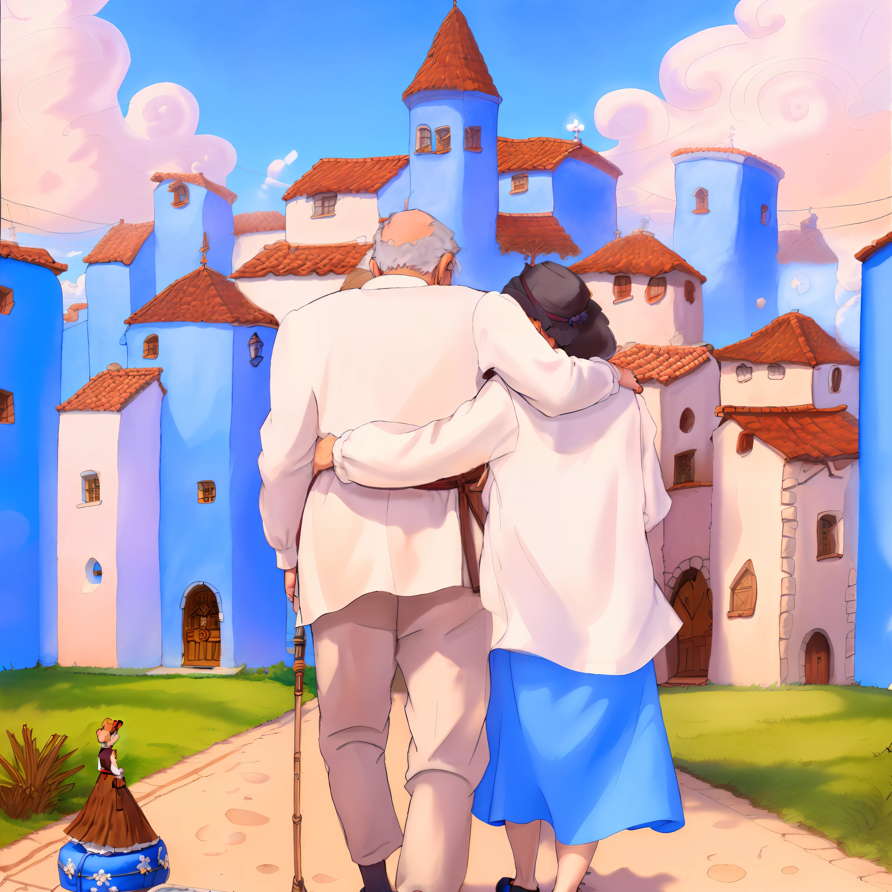 painting of an elderly couple walking along a path with a blue building in the background, Directed by: Bernardo Daddi, Directed by: Alexandre Bihari, Directed by: André Pronaszko, caminhando juntos, inspirado em Hans Eduard von Berlepsch-Valendas, Directed by: Alexander Bortnik, Directed by: Mario Comensoli