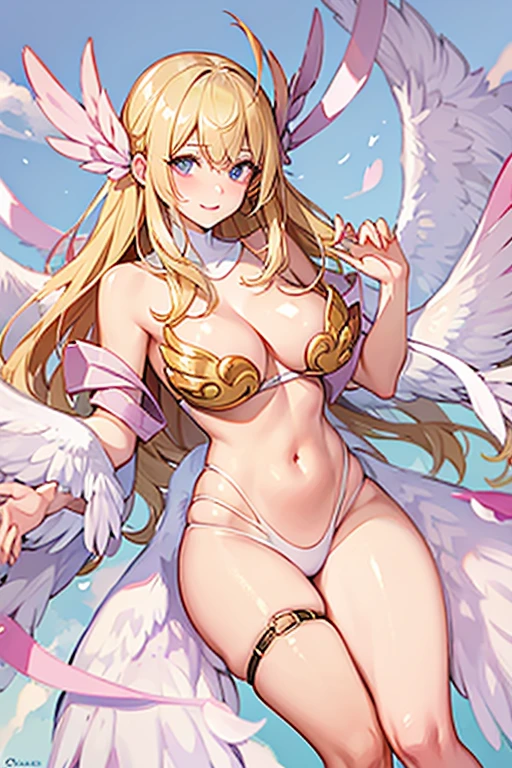 blonde hair, pink bra, pink lingerie, pink underwear, long hair, angel wings,large breasts, bare shoulders, elbow gloves, feathered wings, gloves, head wings, navel, pink ribbon, ribbon, single elbow glove, single glove, thigh strap, wings