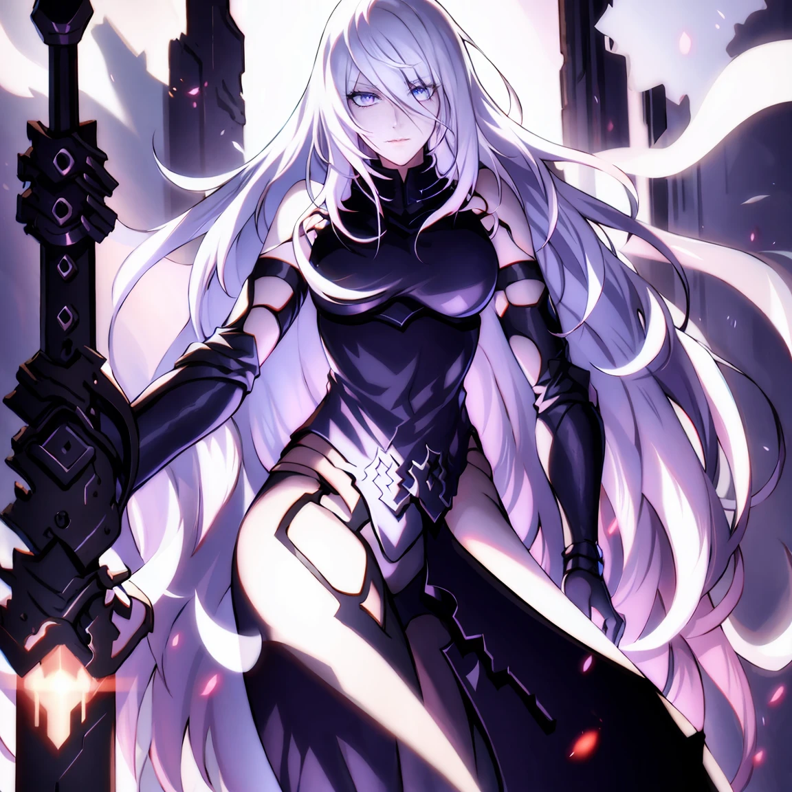 Nemesis, long white hair, purple galaxy eyes, warrior with armor suit, wear half mask, dark shadow, has a long sword, general