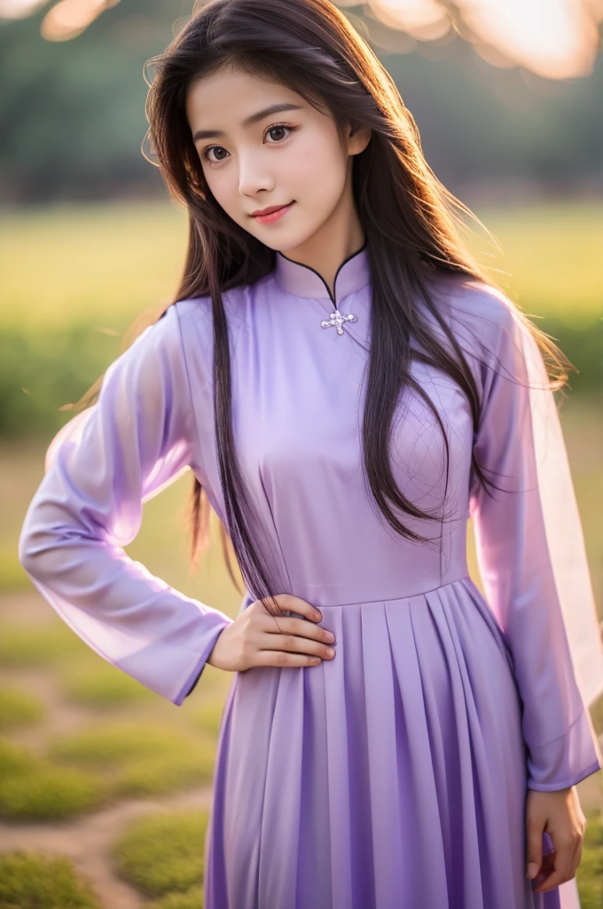 traditional clothes ,purple ao dai, ao dai, vietnamese girl, vietnam, vietnamese, satin, pretty girl, emotion , long hair, Realistic lighting, delicate face, cute expression, Body perfect anatomy,Top Quality, 8K Resolution , full body , realistic , real human , High quality, shiny ao dai , realistic , Cinematic, Aesthetic , satin aodai, 18 year old girl, detailed and beautiful face and eyes,extremely cute and beautiful woman