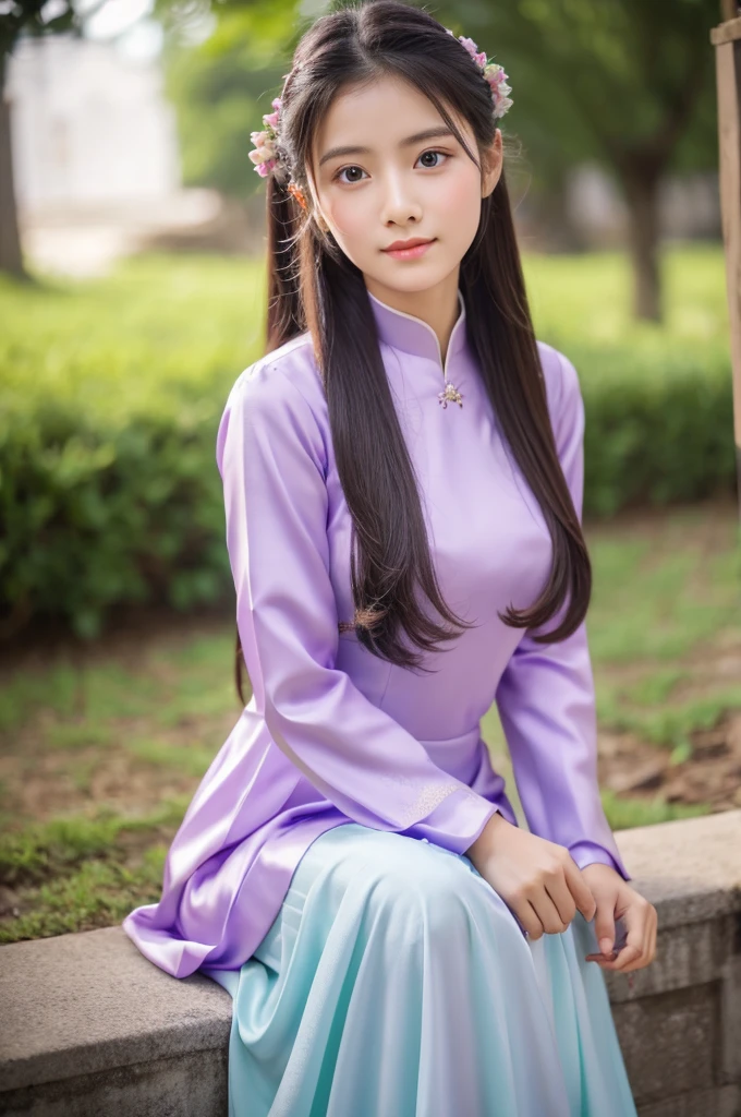 traditional clothes ,purple ao dai, ao dai, vietnamese girl, vietnam, vietnamese, satin, pretty girl, emotion , long hair, Realistic lighting, delicate face, cute expression, Body perfect anatomy,Top Quality, 8K Resolution , full body , realistic , real human , High quality, shiny ao dai  , realistic , Cinematic, Aesthetic , satin aodai, 18 year old girl, detailed and beautiful face and eyes,extremely cute and beautiful woman