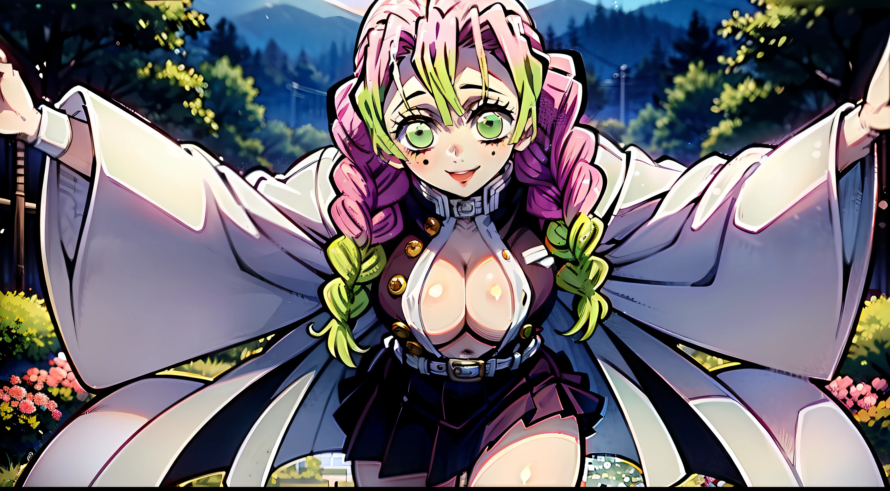 Looks into the frame, Night Forest, the night, Smiling, having fun, laughting, facing the viewer, Very sexy ass, stands, leans forward, Romantic, Feminine, Super detailed: 1.5), perfect lighting, glittering, Nature, At a distance, body complet, facial focus, a 1girl, ssmile, Smiling, Mitsuri (Demon Slayer), handsome girl, Night Forest, beatiful face (Mitsuri (Demon Slayer), White Haori, black skirt with silver belt and green striped hips, bright pink hair (green at the tips), rose hair (Dark pink), Green Hair Ends, Gradient hair, multi-colored hair, hairlong, quiff, twin braids, green colored eyes, Demon Slayer Uniform, Long sleeve jacket, White Haori, blackskirt, Silver Belt, green striped thighs, blusher, realisti, pectoral muscles,, wide thighs, (Thick rods: 0,9), décolleté, gaze at the viewer, (beste-Qualit), tmasterpiece,