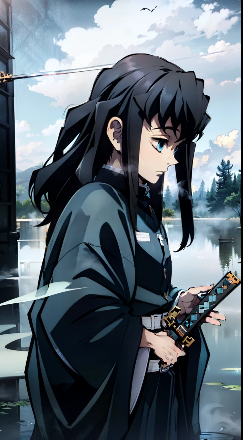 close up, ember, black hair, Ghost, Dark, gotik, ....................................................3d, Ultra Detailed, blue transparent smoke around, realistic style, Old Night Pond, full - body, Man in black robe, Tying your hair、Sword in hand.Kasumi、Fog in the background、haze in the background