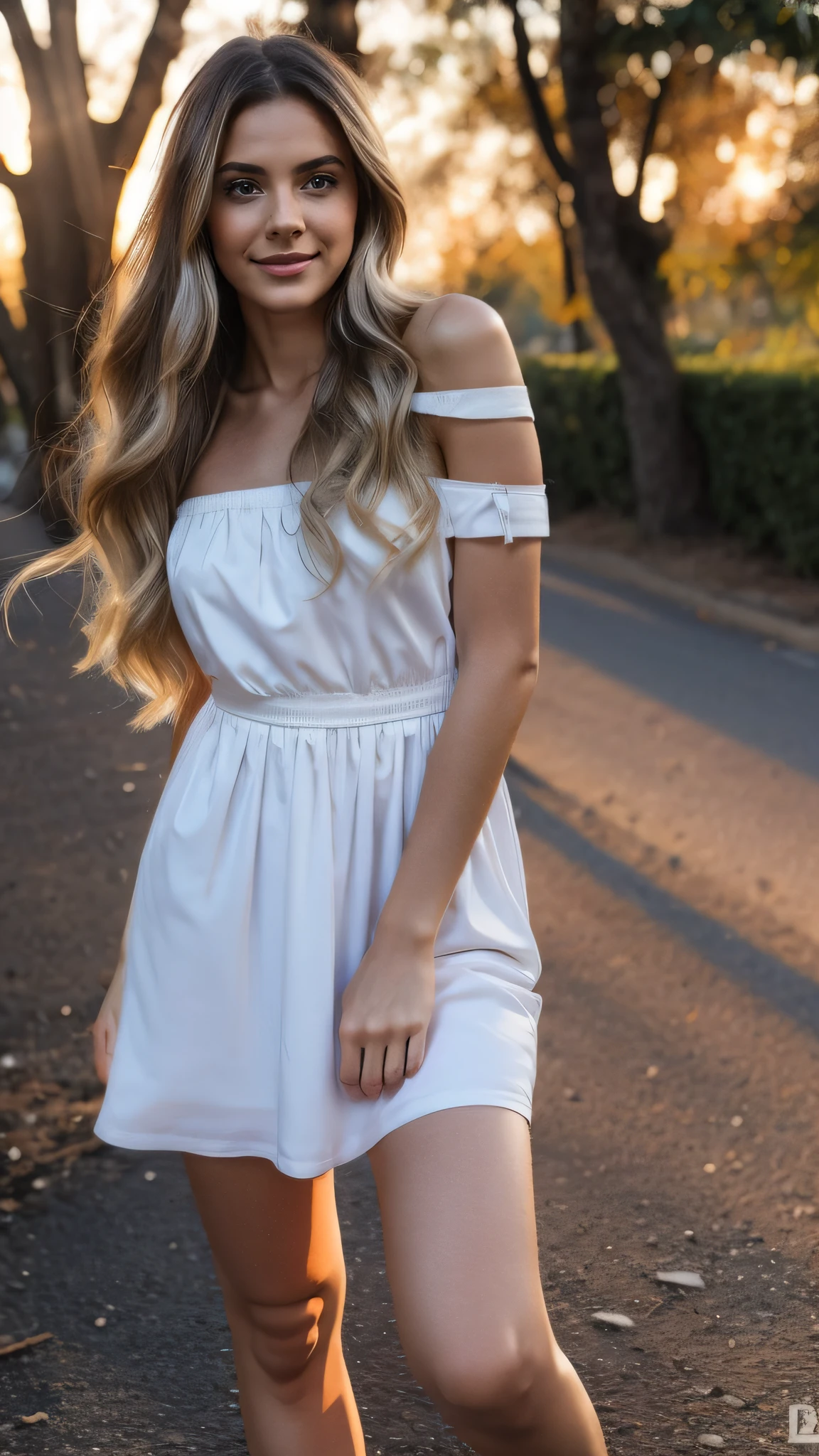1girl in, age 19, Solo, Long hair, medium tits , Looking at Viewer, brunette, Bare shoulders, Brown eyes, Full body, off shoulders, Sexy yellow off shoulder Dress, Realistic, A sexy, 4K, max quality, super sharp image, 8K, beautiful pose, model, photo session