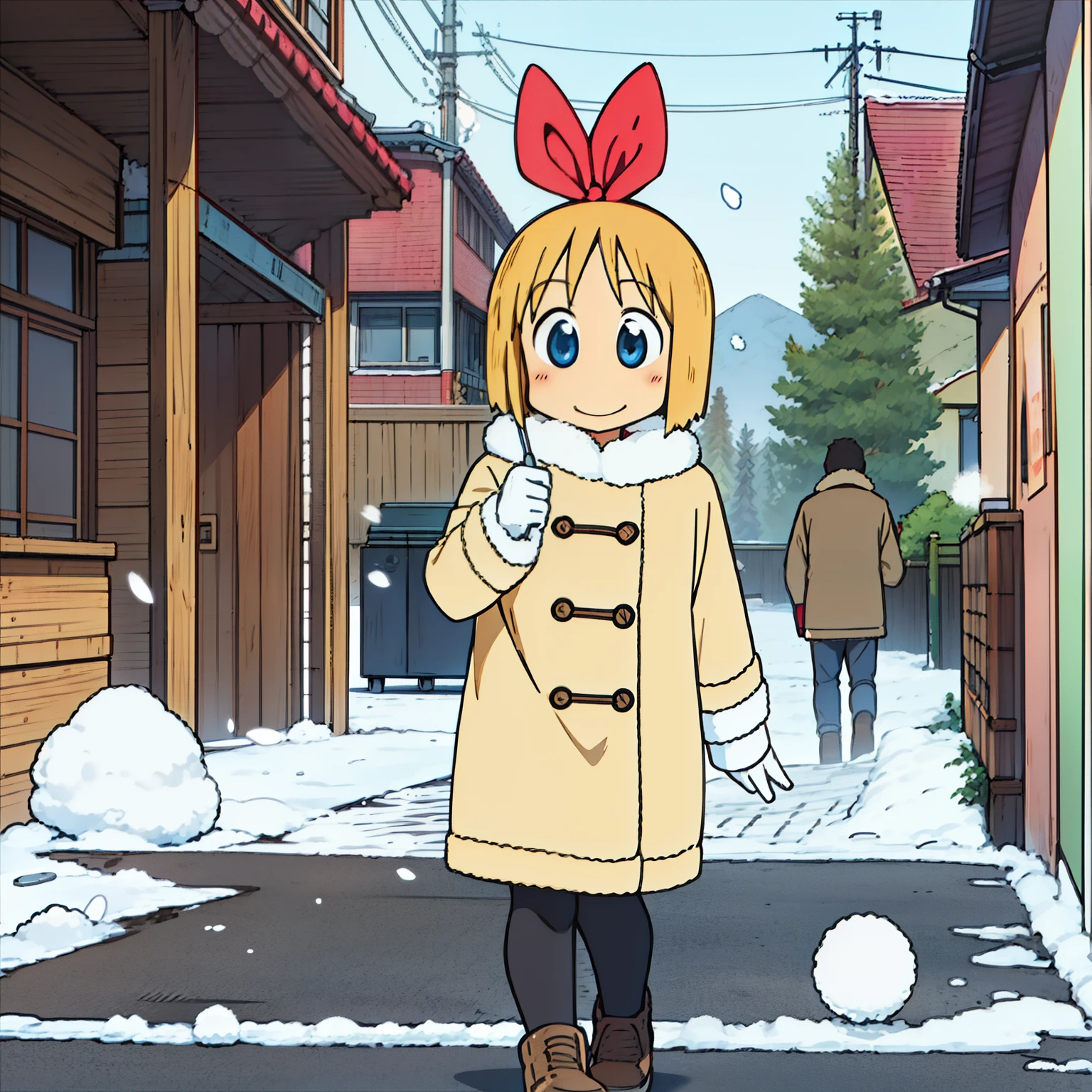 Haruna Annaka, blonde, short hair, big red ribbon on head, high school student, beautiful drawing, full body, detailed background, smile, blush, beige coat,fluffy black gloves, flat chest, snow falling, winter, outside