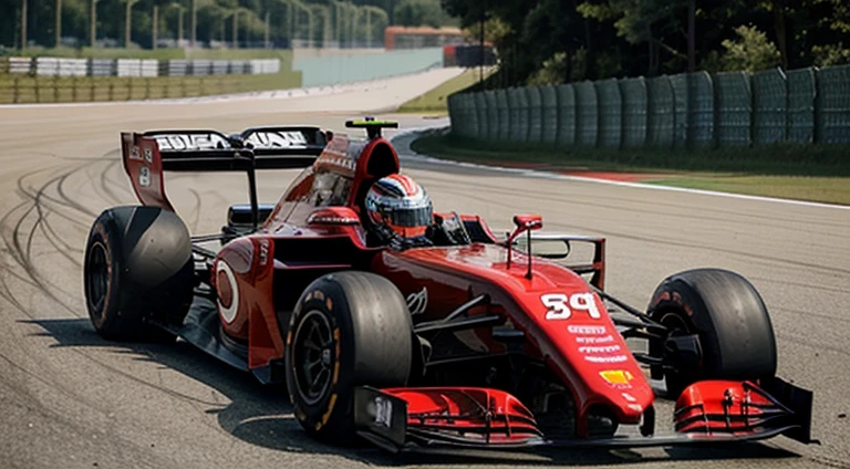 Man ride inside race car (formula one car), red car, black car, best quality, realistic, circuit track,