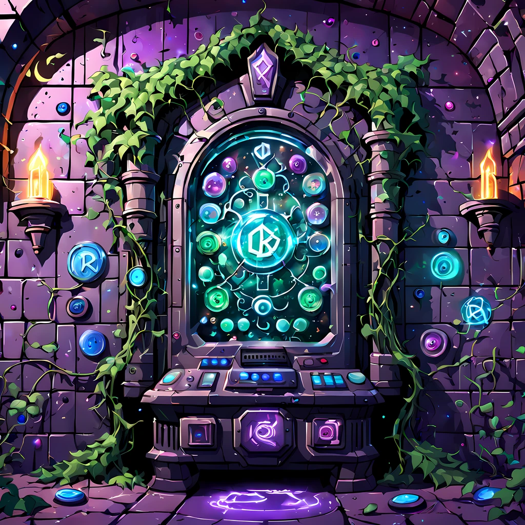 (cute cartoon style:1.3), ((holographic runes floating near the wall covered with vines)), futuristic artifacts, ((ethereal)), ((inside a mysterious ancient castle room)), (((futuristic control panel with buttons))), ((gothic interior)), More Detail