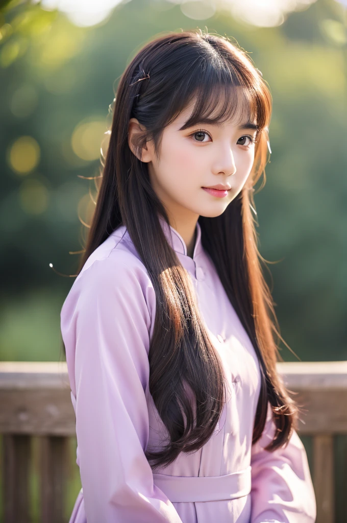 traditional clothes ,purple ao dai, ao dai, vietnamese girl, vietnam, vietnamese, satin, pretty girl, emotion , long hair, Realistic lighting, delicate face, cute expression, Body perfect anatomy,Top Quality, 8K Resolution , full body , realistic , real human , High quality, shiny ao dai , realistic , Cinematic, Aesthetic , satin aodai, 20 year old girl, detailed and beautiful face and eyes,extremely cute and beautiful woman