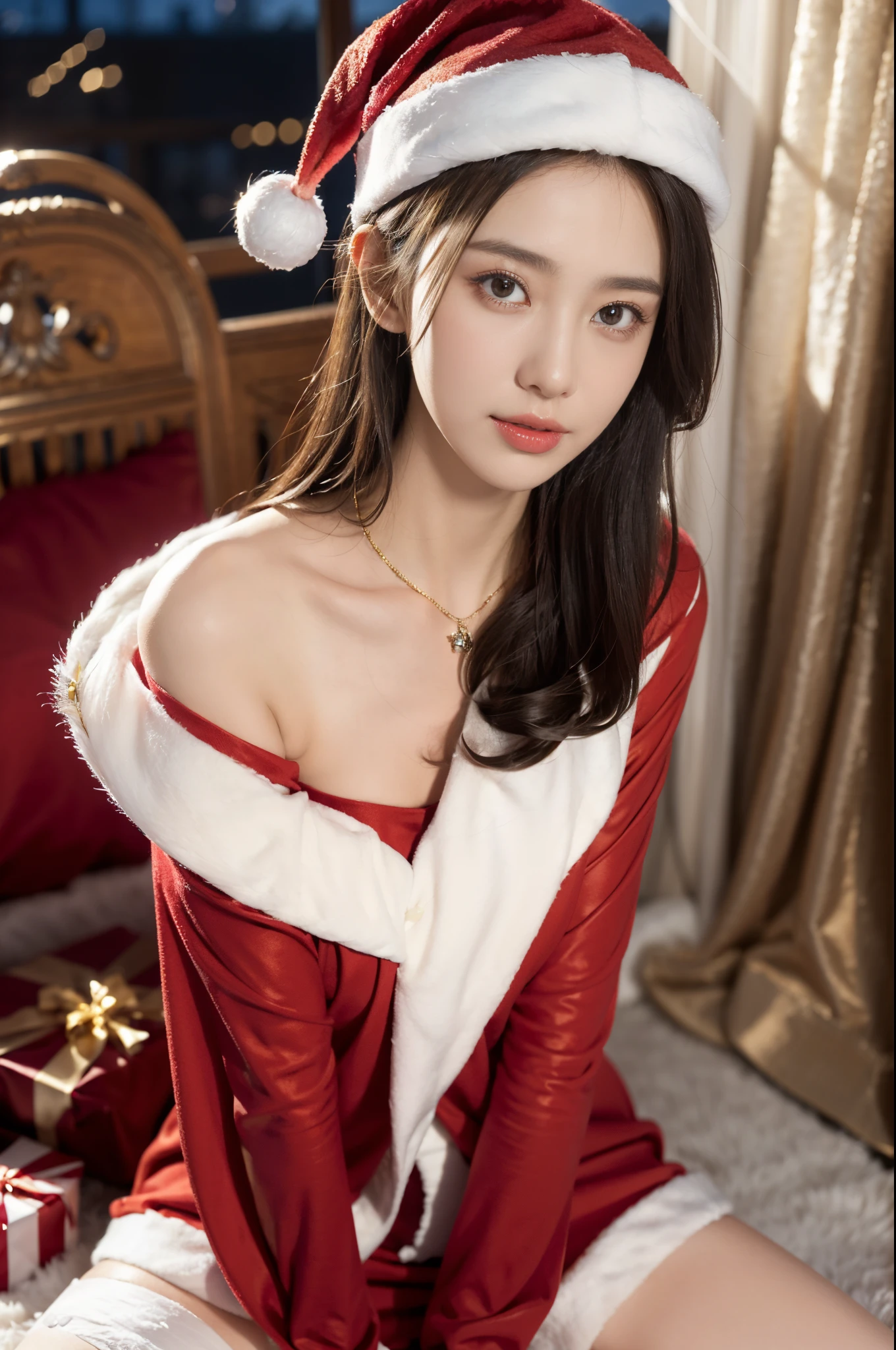 ((((8K))),((extremely detremely detailed CG)) ,(the wallpaper),16k,((Extremely Delicately Beautiful))，(((tmasterpiece))),(((Best quality))),(((超A high resolution))),beautiful light up，Perfect lightning，realistic shaded，[A high resolution],(Smooth and flawless fair skin:1.5),Facial details are extremely delicate,(perfect bodies：1.1),ultra - detailed,A beautyful girl,small heads,(Shoulder length black bob straight hair:1.1),petty face,Delicatemakeup,(small:1.1),flatchest,Slim,thin,Happy,(ssmile:1.2),(Santa hat:1.1),(Set of Santa Claus),(Hang a bell collar around your neck:1.2),(slender leg:1.2),(White stockings:1.2),(nighttime scene:1.5),in living room,brightened light,(detailedbackground:1.5),Christmas tree,fireplace,Candy gift box,sitting down on the floor,The upper part of the body