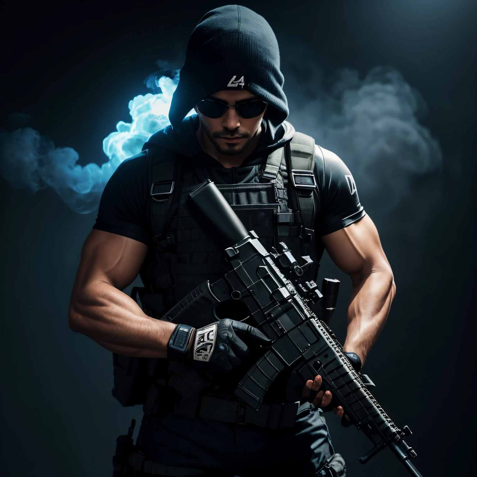 Rat , holding gun m416, neon backlight, black background, blue smoke on background, muscular body