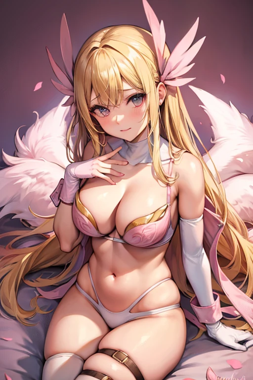 blonde hair, pink bra, pink lingerie, pink underwear, long hair, angel wings,large breasts, bare shoulders, elbow gloves, feathered wings, gloves, head wings, navel, pink ribbon, ribbon, single elbow glove, single glove, thigh strap, wings