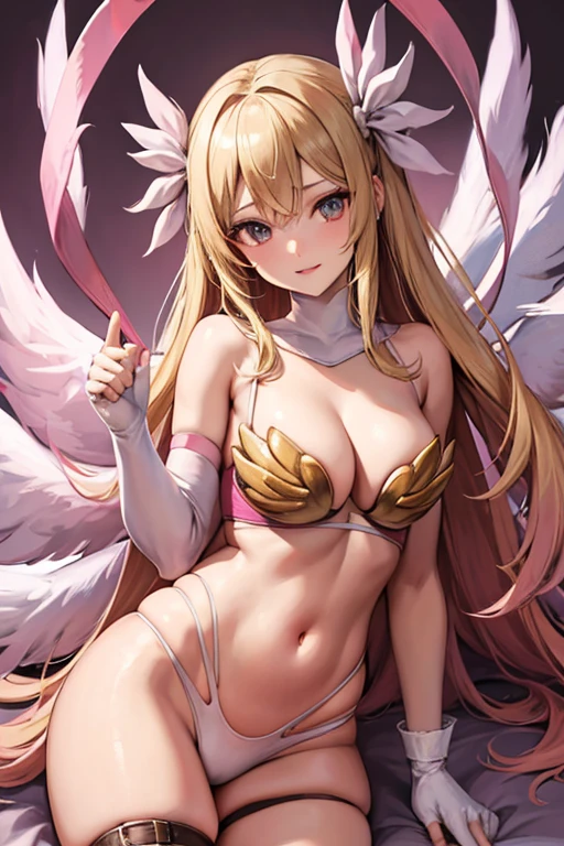 blonde hair, pink bra, pink lingerie, pink underwear, long hair, angel wings,large breasts, bare shoulders, elbow gloves, feathered wings, gloves, head wings, navel, pink ribbon, ribbon, single elbow glove, single glove, thigh strap, wings