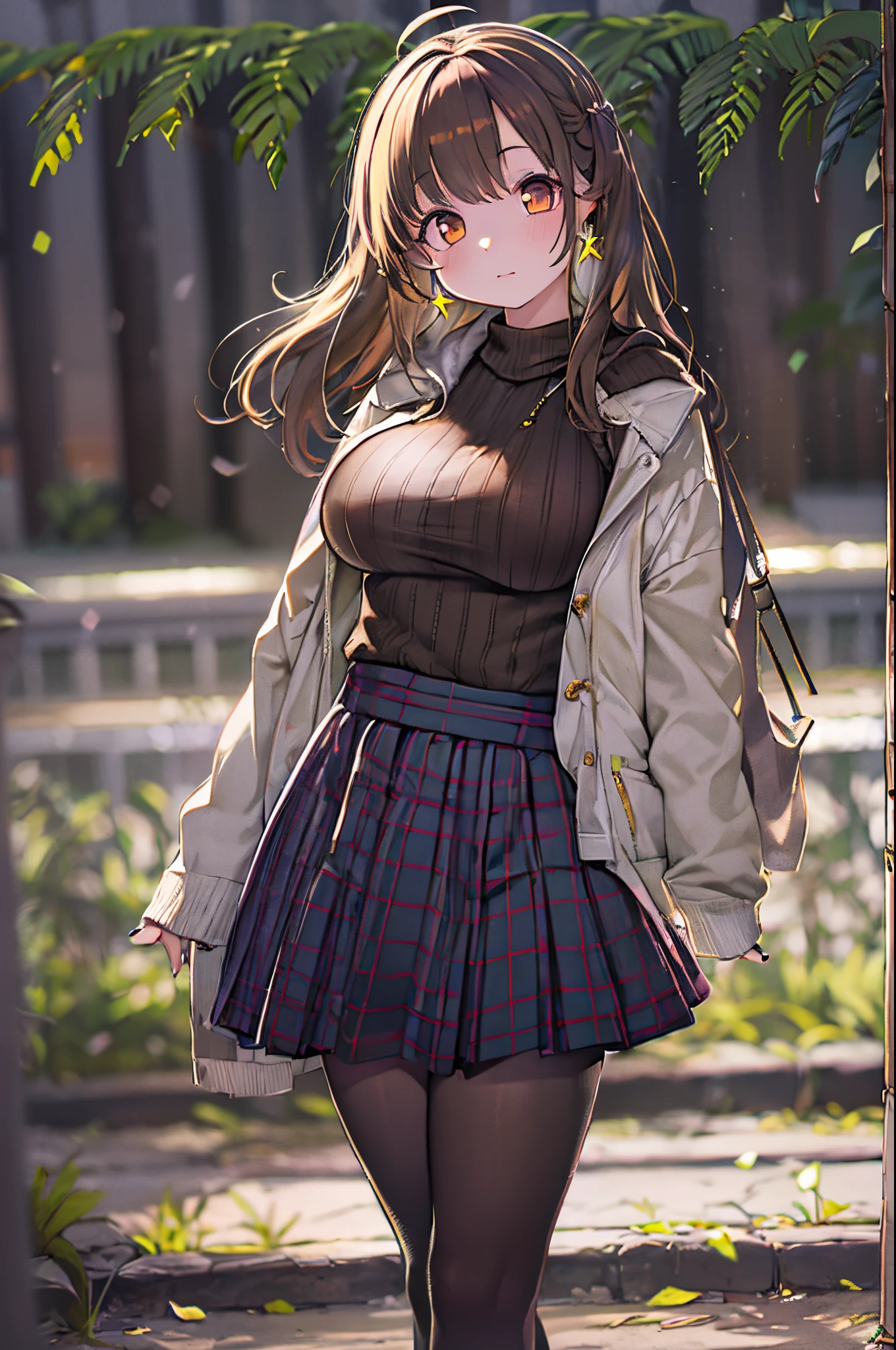 Lorua,, , 1girl in, Ahoge, Bangs, Black skirt, Black sweater, Blue Nails, Blurry, Blurry background, breasts, Brown eyes, Brown hair, Brown jacket, Closed mouth, fixed, day, depth of fields, earrings, Eyelashes, Hand up, Head tilt, Jacket, Jewelry, Long hair, Long sleeves, Looking at Viewer, medium breasts, nail polish, Open your clothes, Open jacket, Outdoors, puckered lips, shirt tucked in, side locks, Skirt, sleeves past wrists, Solo, Sweaters, Upper body, zippers)), ,