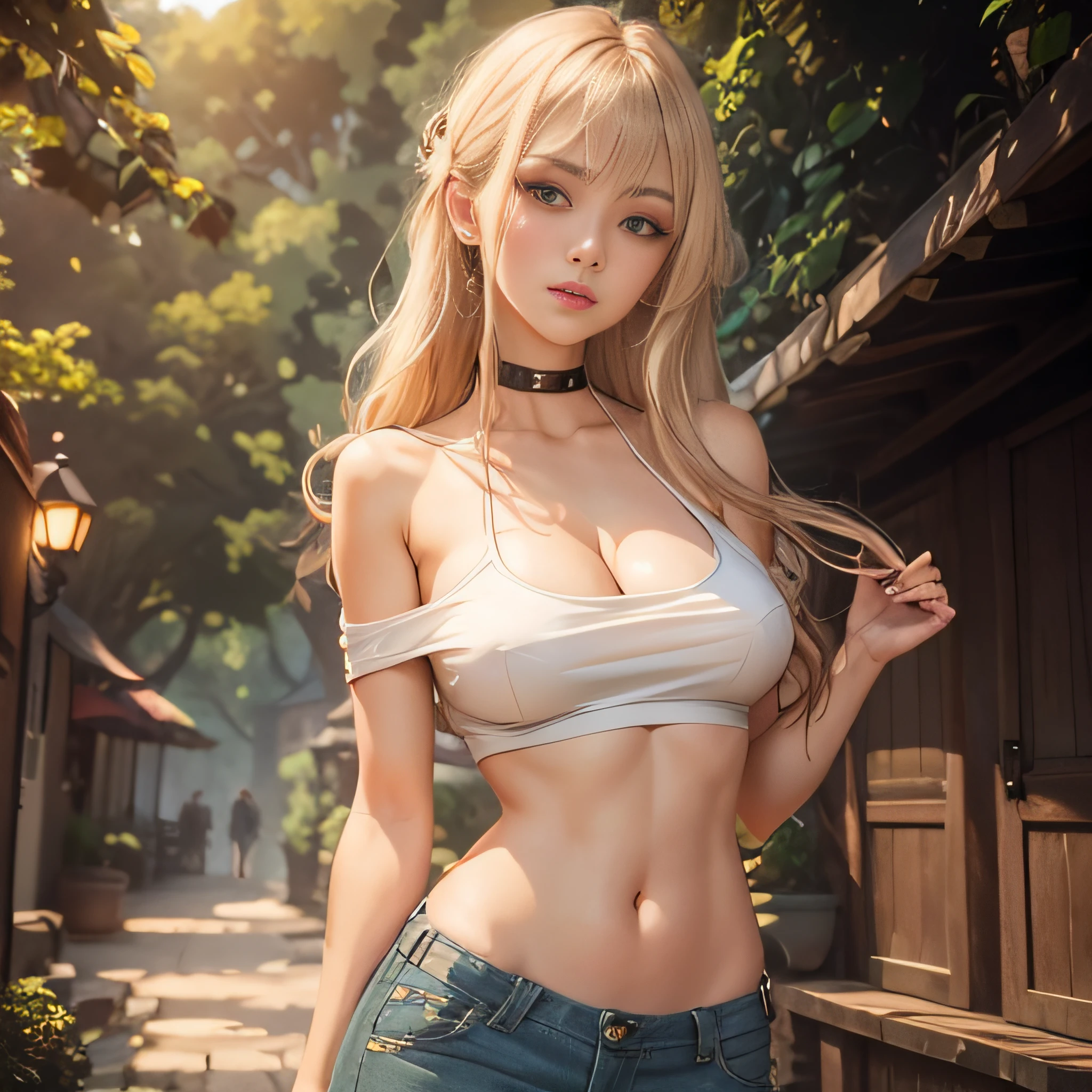 ((Chelsea Rose)) ((19)) masterpiece,high quality,4k, beige hair, bangs, bare shoulder, belly, crop top, outdoor, green eyes, cleavage, jeans,casual dress, long legs, slender legs, thin thighs, bangs on forhead, beige brow hair, perfect face, underboob, sexy pose